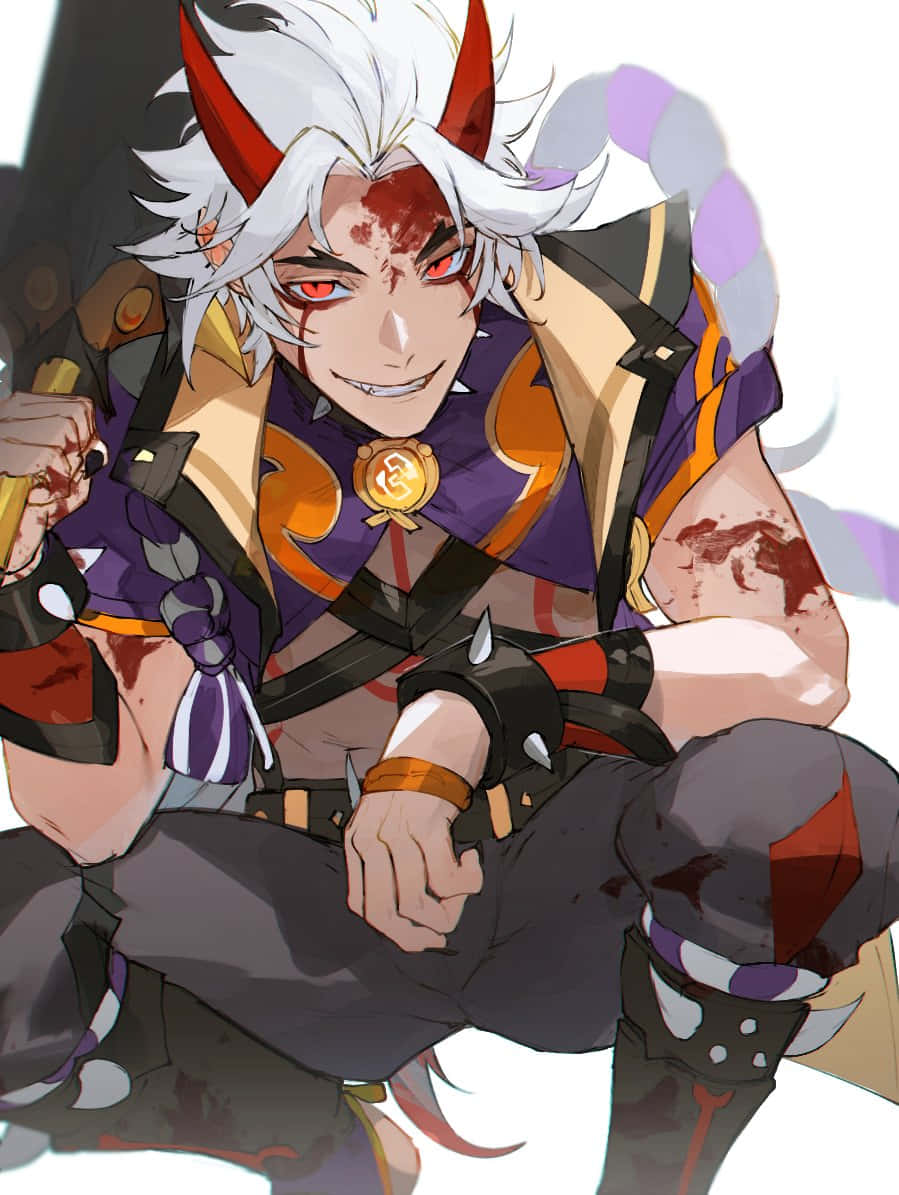 Genshin 桌布 壁紙 — 一位兇猛的動漫戰士，白髮、紅角、滿臉鮮血，蹲在戰鬥裝備中微笑。