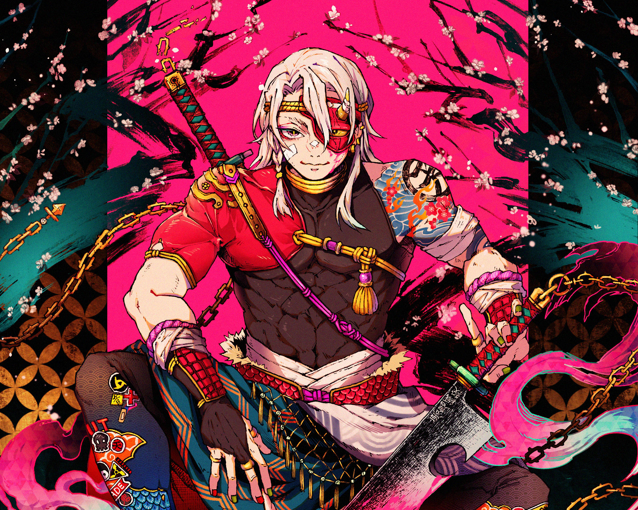 Tengen 桌布 壁紙 — 一位兇猛的動漫戰士，白髮紅眼，在充滿活力的粉紅色和藍綠色背景中，手持劍，周圍有櫻花。