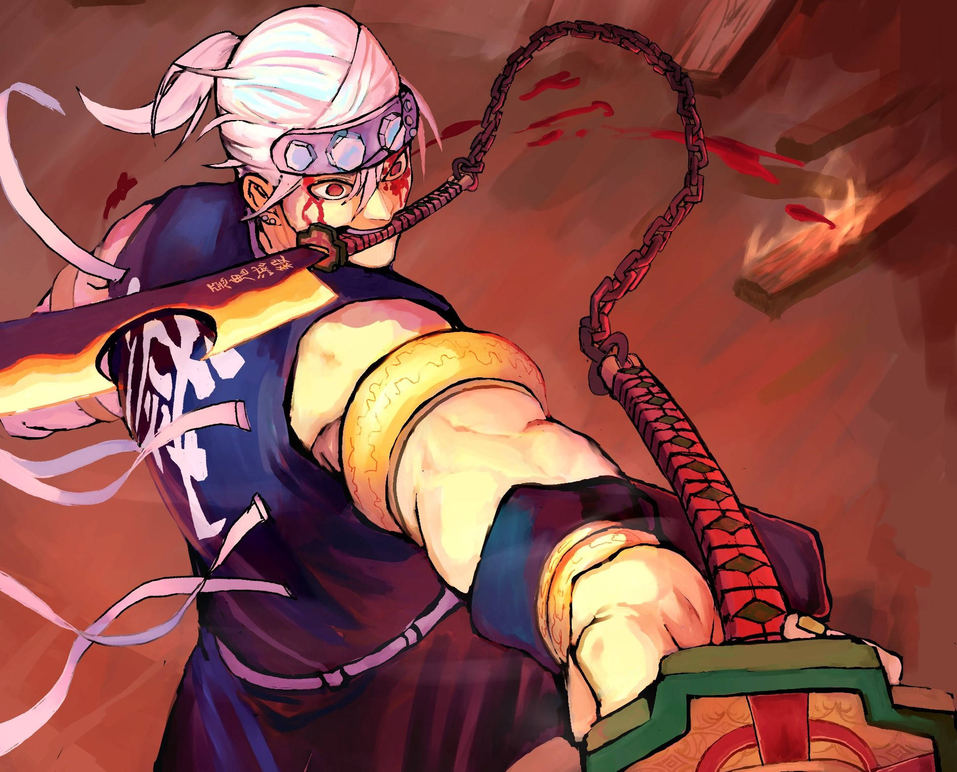 Tengen 桌布 壁紙 — 一位兇猛的動漫戰士，白髮蒼蒼，滿臉鮮血，在熾熱的戰鬥場景中揮舞著發光的劍和鎖鏈。