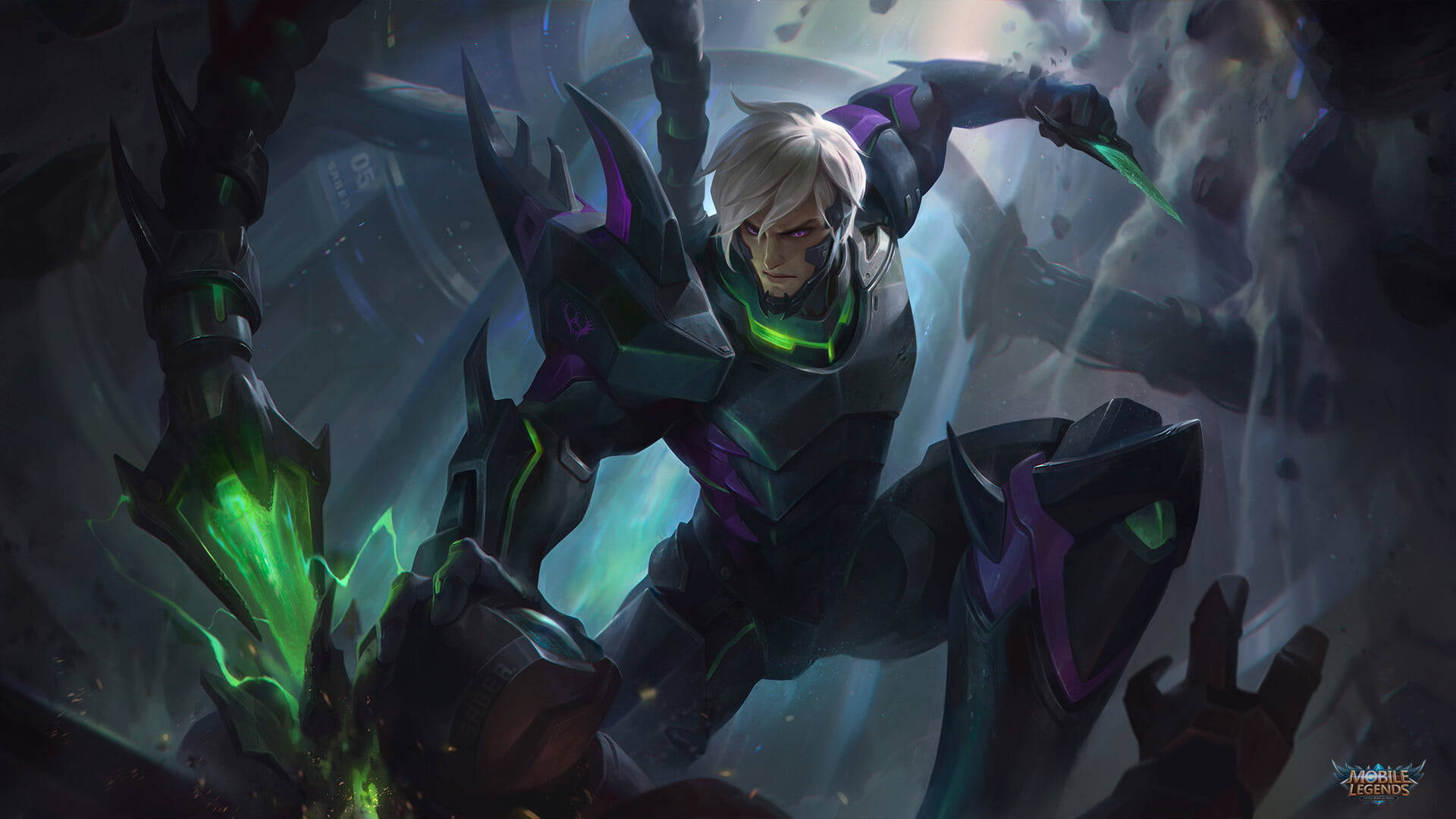 heroes 桌布 壁紙 — 一位兇猛的動漫戰士，白髮閃爍，身穿發光的綠色盔甲，在風暴般的黑暗奇幻戰場上揮舞著鋸齒狀的刀刃。