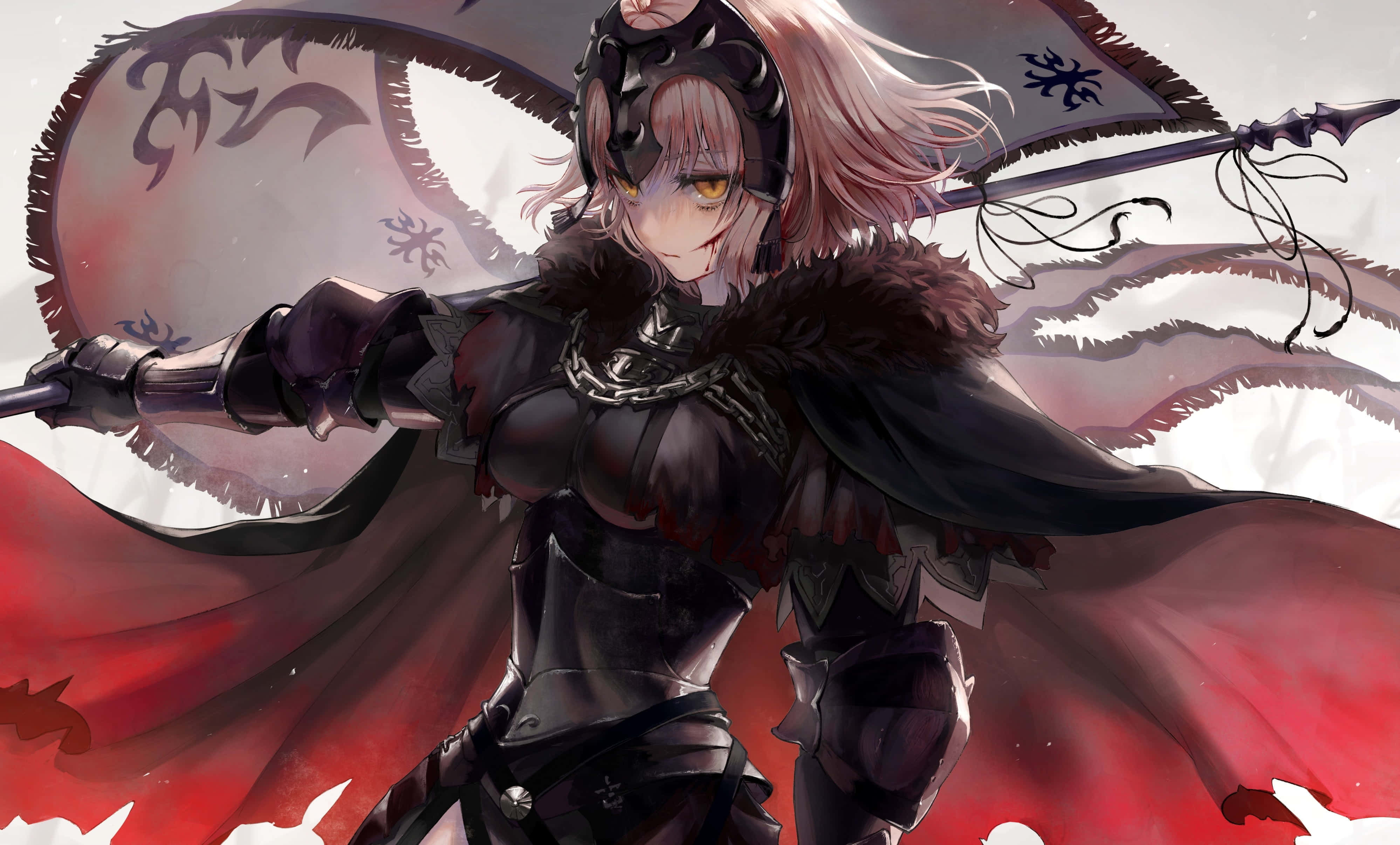Fate/Grand Order 桌布 壁紙 — 一位兇猛的動漫戰士，粉紅色頭髮和黃色眼睛，在飄逸的紅色斗篷下揮舞長矛和盾牌，背景是雪景。