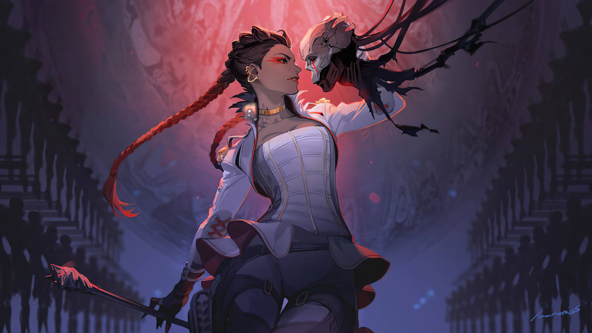 紅辮動漫戰士在發光走廊中對抗戴面具的敵人。 — Apex 英雄 GIF 壁紙