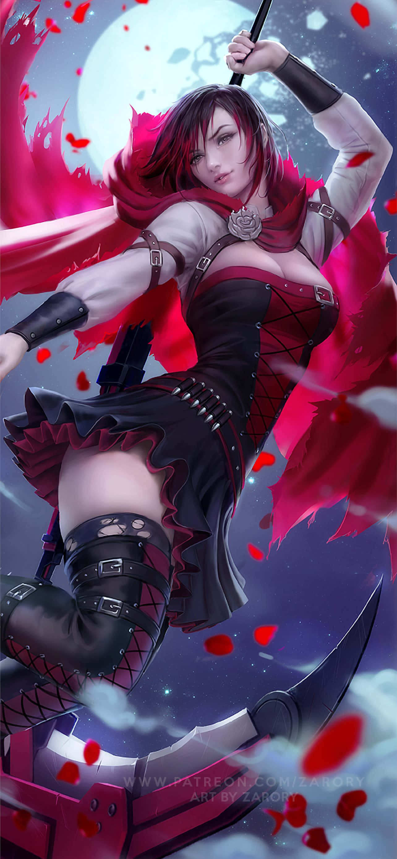 Ruby Fortnite Skin 桌布 壁紙 — 一位兇猛的動漫戰士，紅髮披風，在月光下揮舞鐮刀，空中飄浮著紅色花瓣。