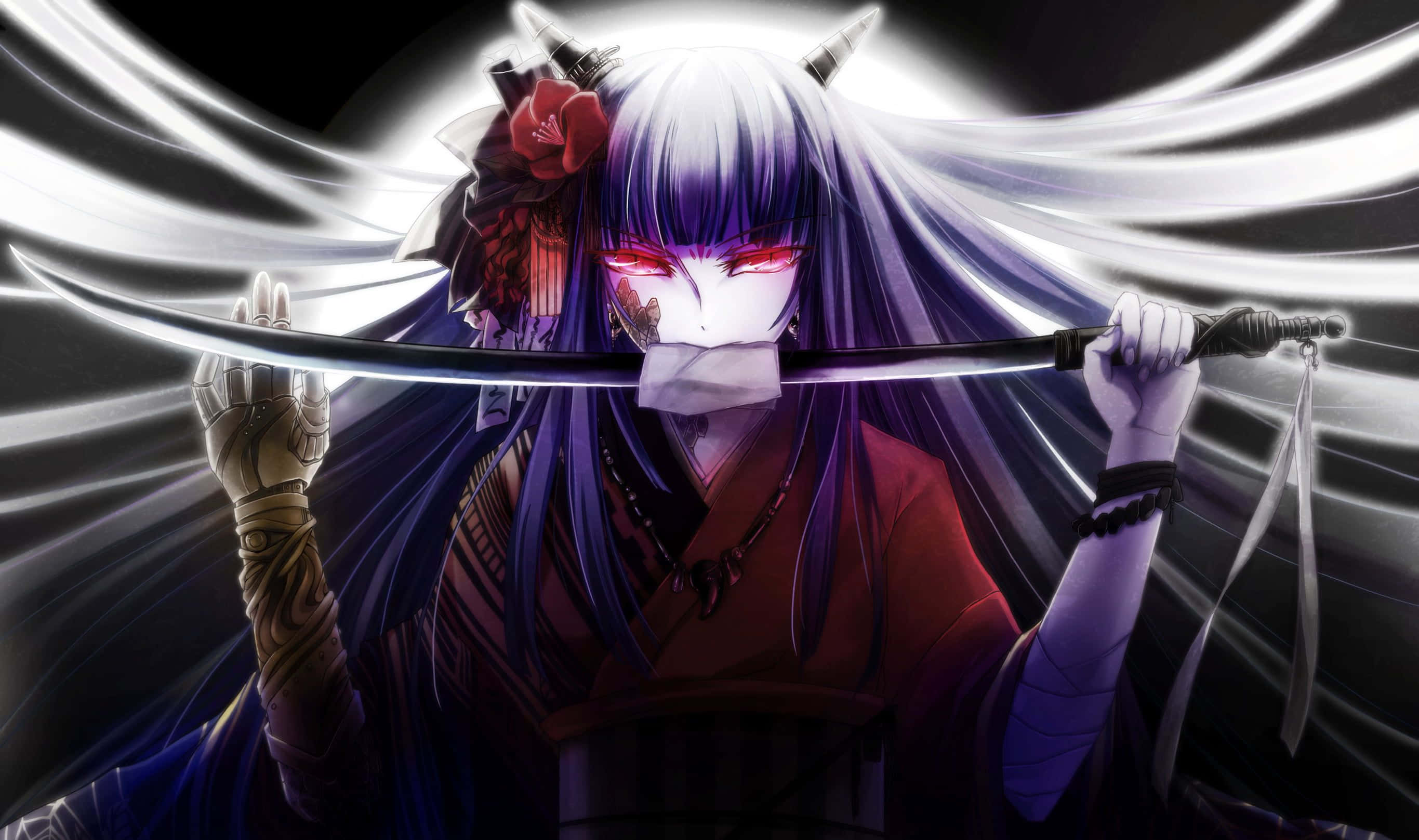 動漫惡魔 桌布 壁紙 — 一位兇猛的動漫戰士，紫色頭髮和紅色眼睛，在動態的白色能量背景下緊握一把發光的劍。
