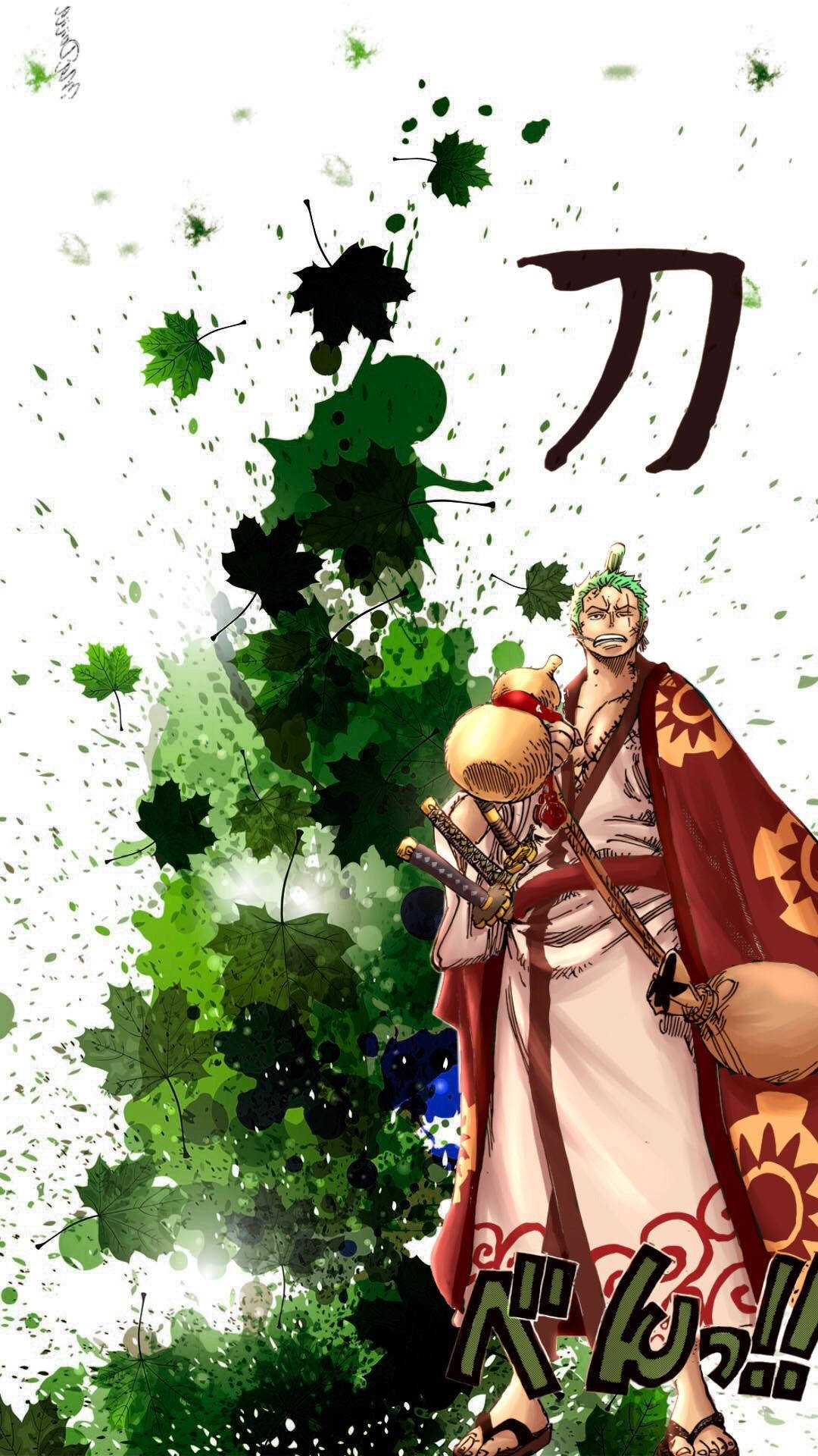 Wano 桌布 壁紙 — 一位兇猛的動漫戰士，綠髮紅披風，在動態的綠色葉片飛濺和醒目的日本漢字中揮舞著劍。