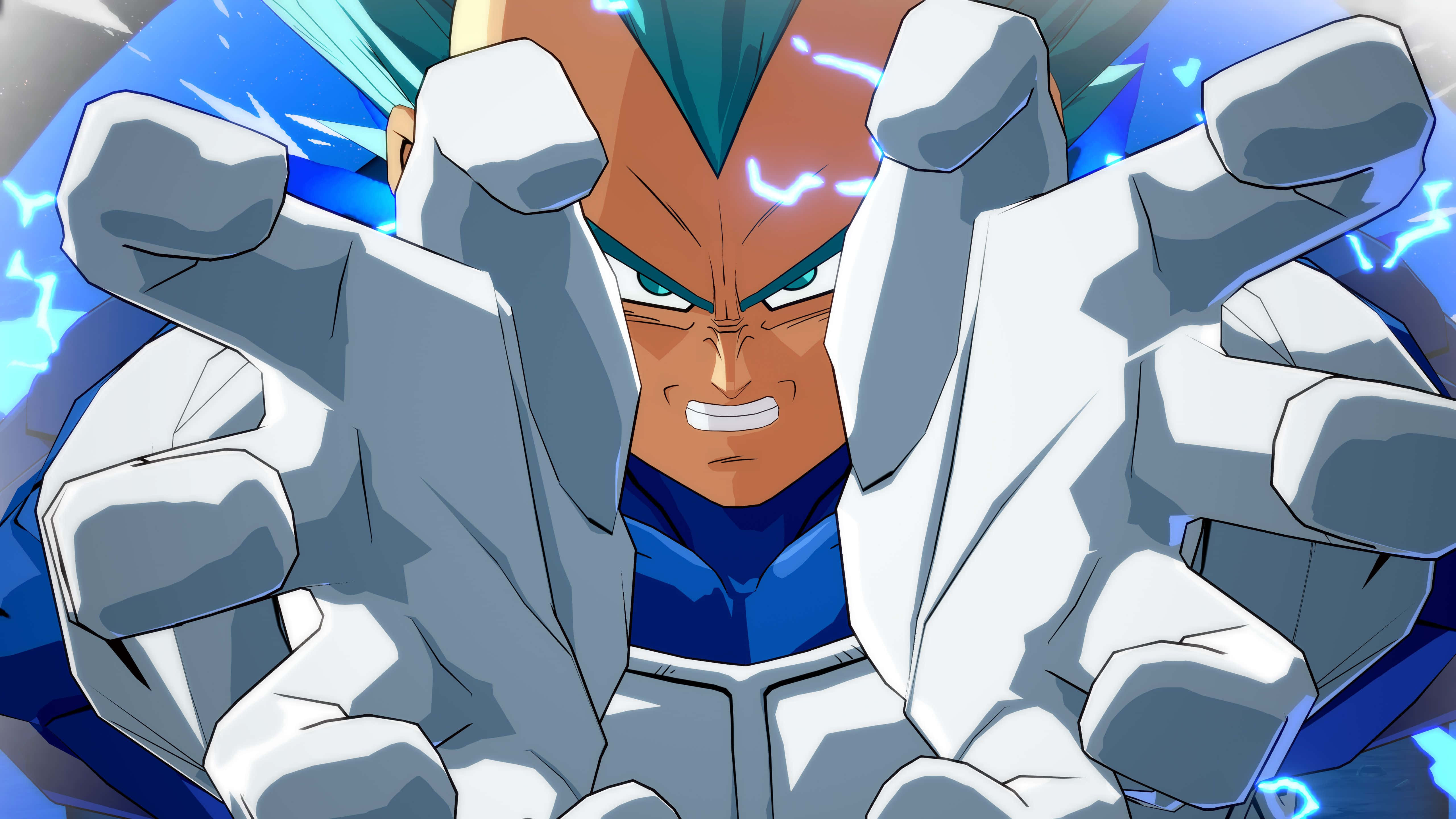 Dragon Ball Fighterz 桌布 壁紙 — 一位兇猛的動漫戰士，藍色頭髮和發光的眼睛，握緊拳頭向前衝，被電藍色能量包圍。