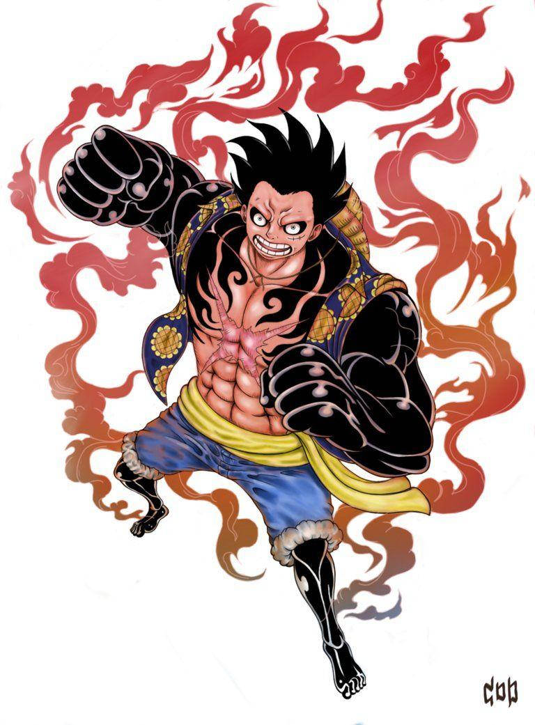 luffy gear 4 桌布 壁紙 — 一位兇猛的動漫戰士，身上有黑色刺青和熾熱的紅色光環，握緊拳頭向前衝。
