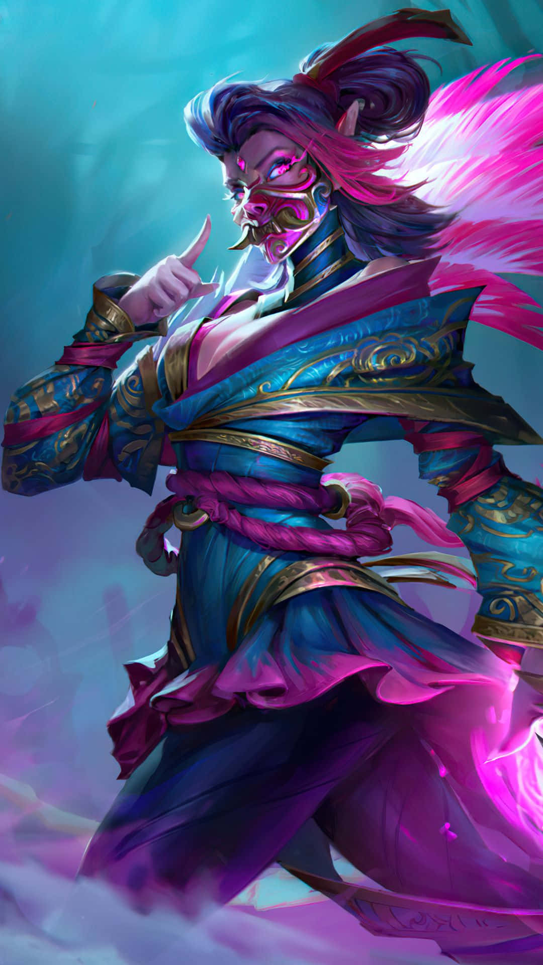 Hero 桌布 壁紙 — 一位兇猛的動漫戰士，身穿粉紅色和藍色盔甲，飄逸的頭髮，在發光的神秘背景下擺出動態姿勢。