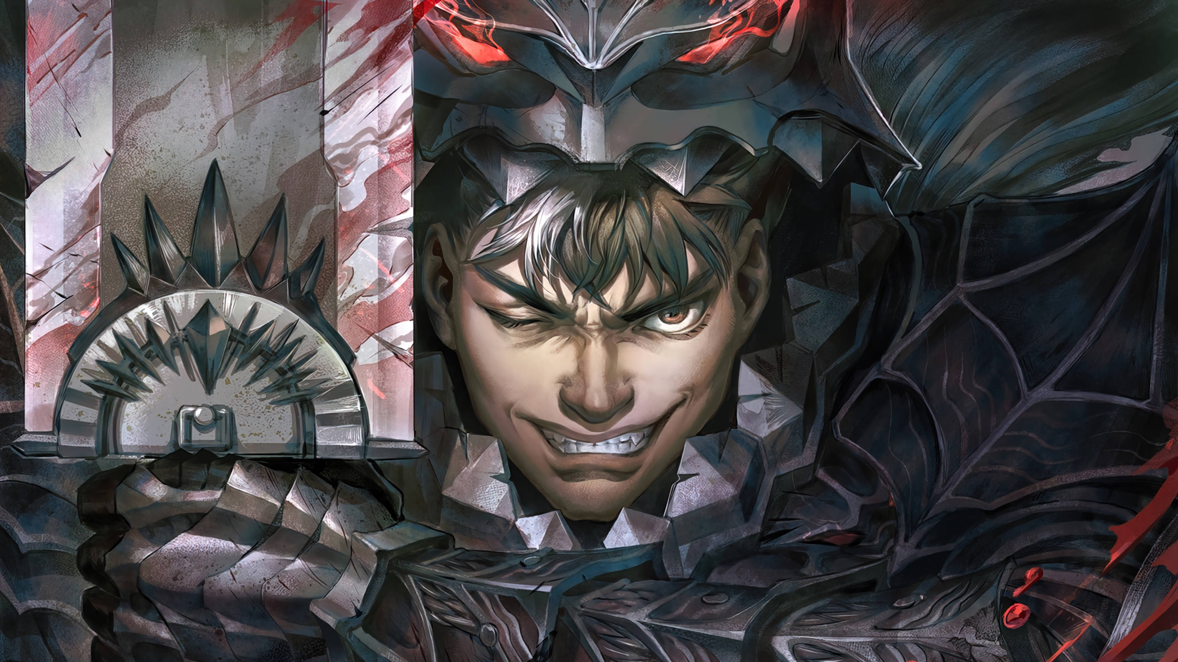Berserk Guts 桌布 壁紙 — 一位兇猛的動漫戰士，身穿黑色盔甲，擁有發光的紅色眼睛和帶刺的頭盔，揮舞著一把鋸齒劍。