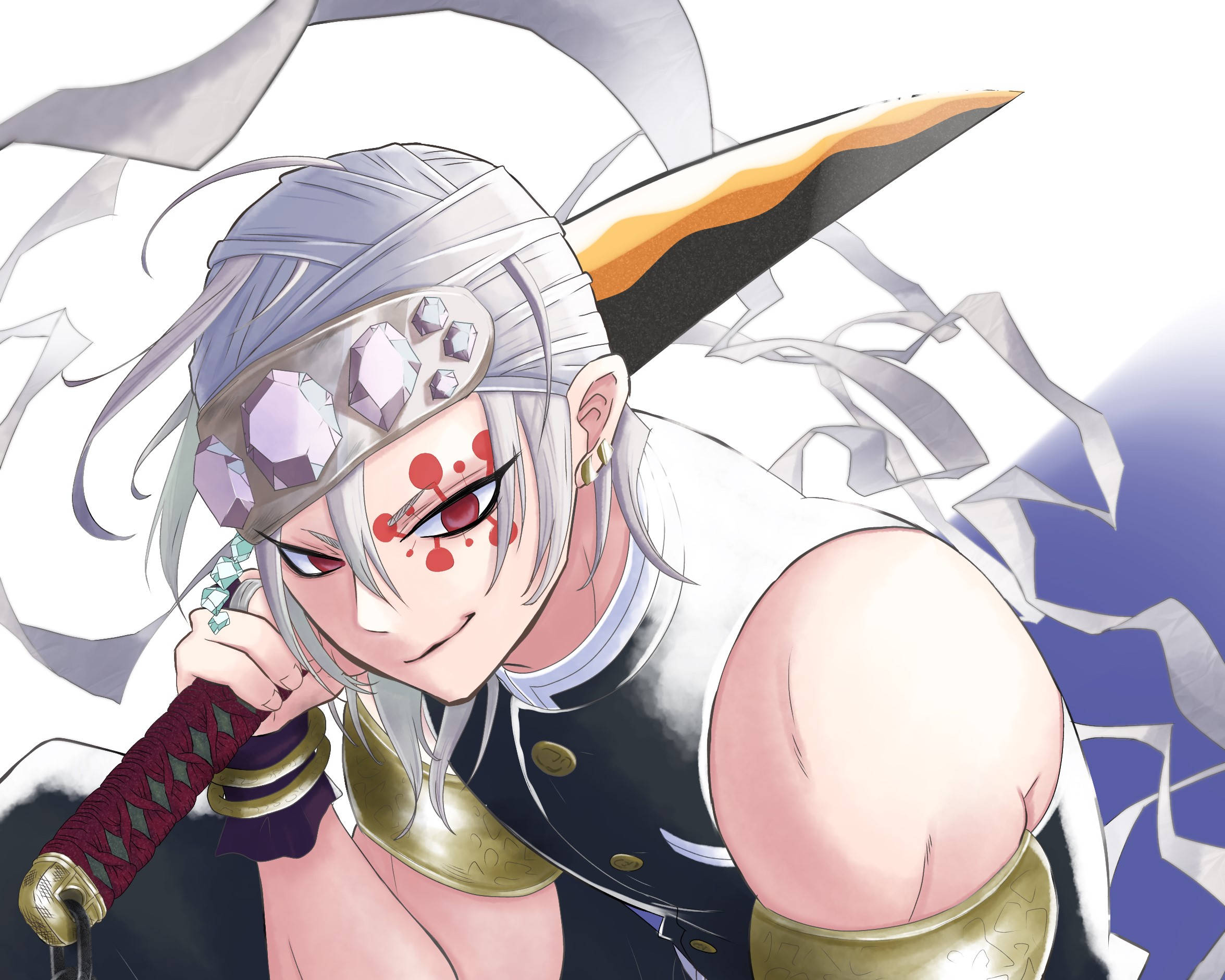 Tengen 桌布 壁紙 — 一位兇猛的動漫戰士，銀色頭髮和紅色臉部標記，在動態的白色和藍色背景前揮舞著劍。