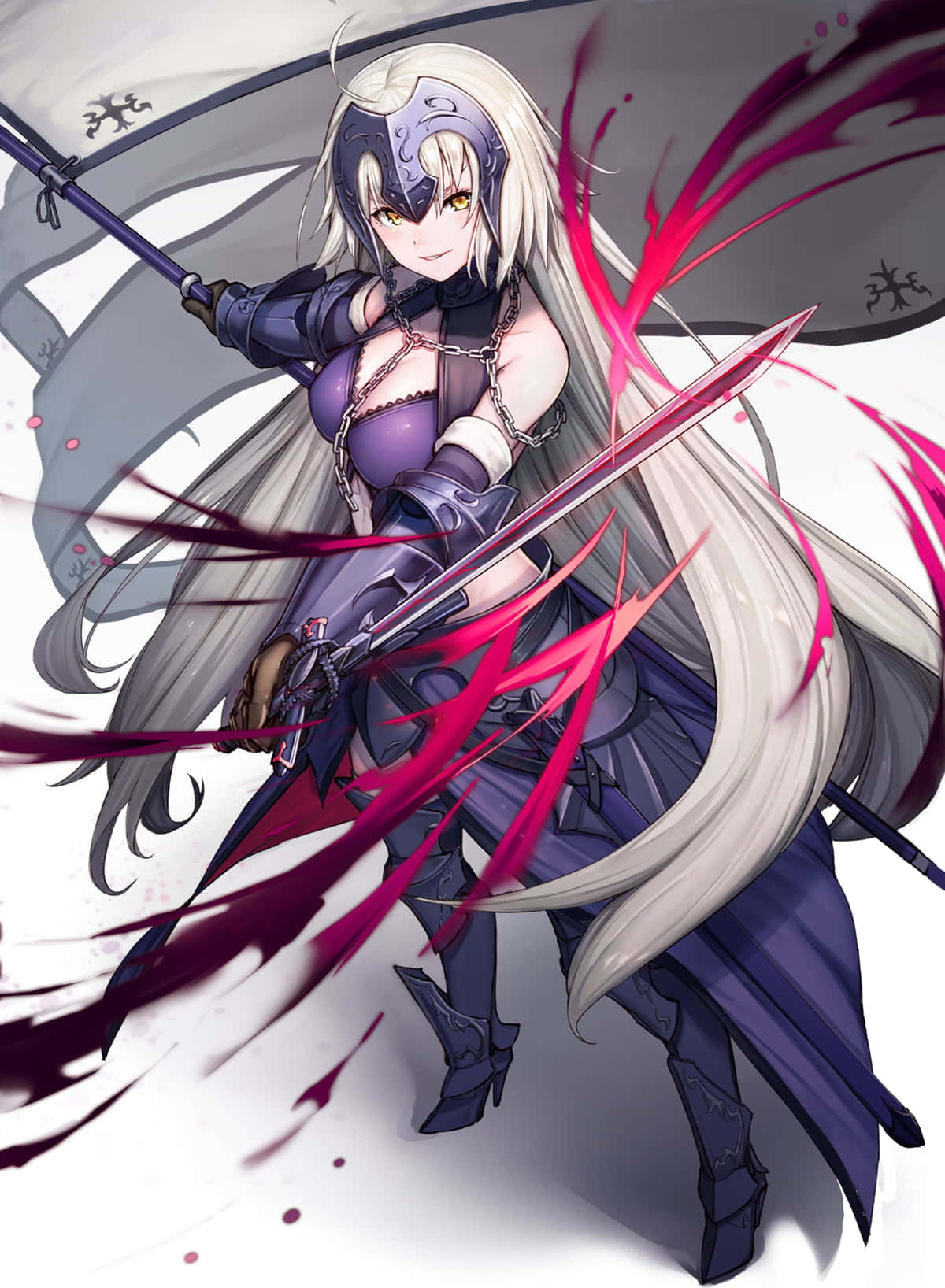 Fate/Grand Order 桌布 壁紙 — 一位兇猛的動漫戰士，長長的白髮和紫色盔甲，在動態的粉紅色能量條中揮舞著發光的劍。
