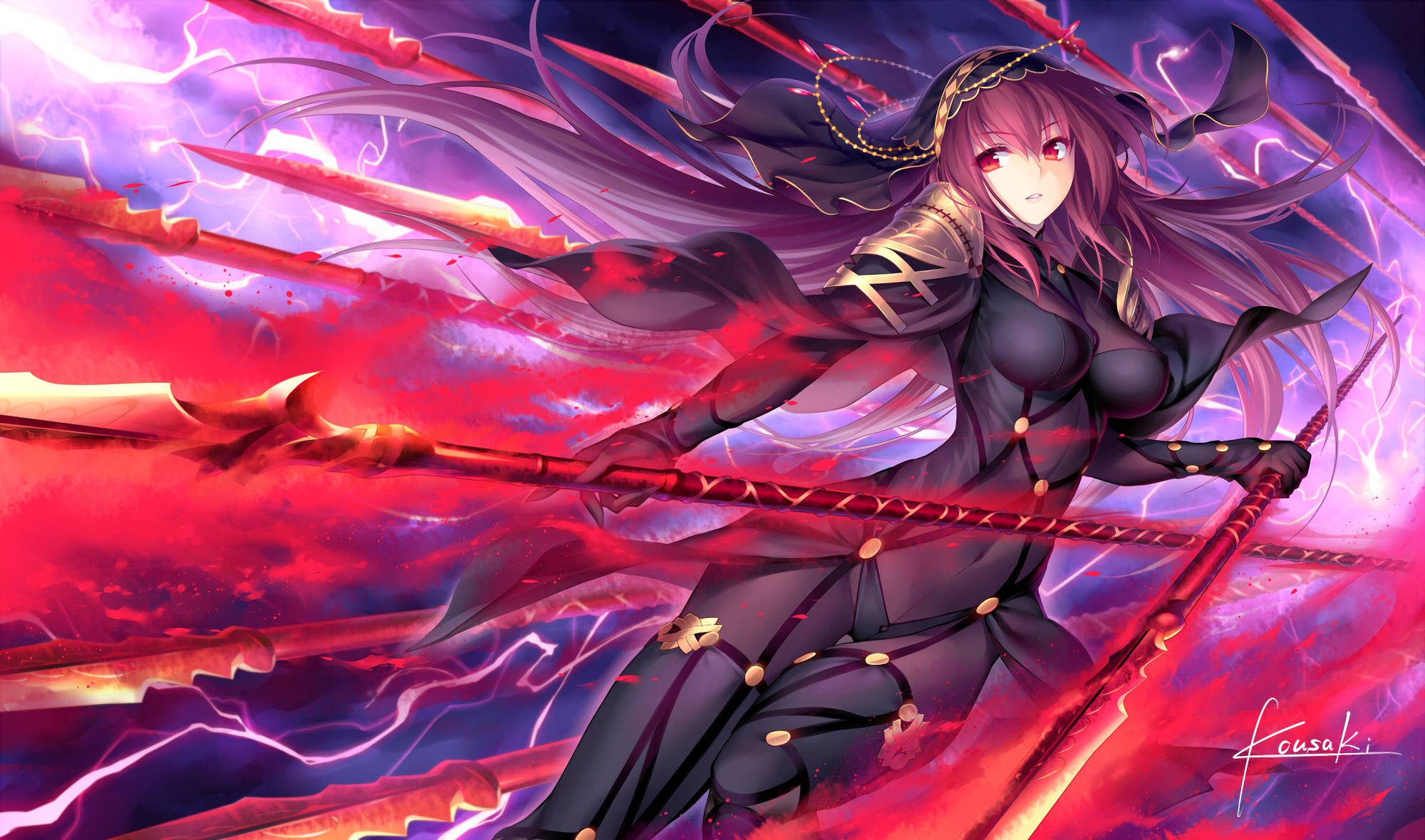 Fate/Grand Order 桌布 壁紙 — 一位兇猛的動漫戰士，長長紫色頭髮，揮舞著發光的紅色劍，背景是暴風雨般的紫色和紅色天空。