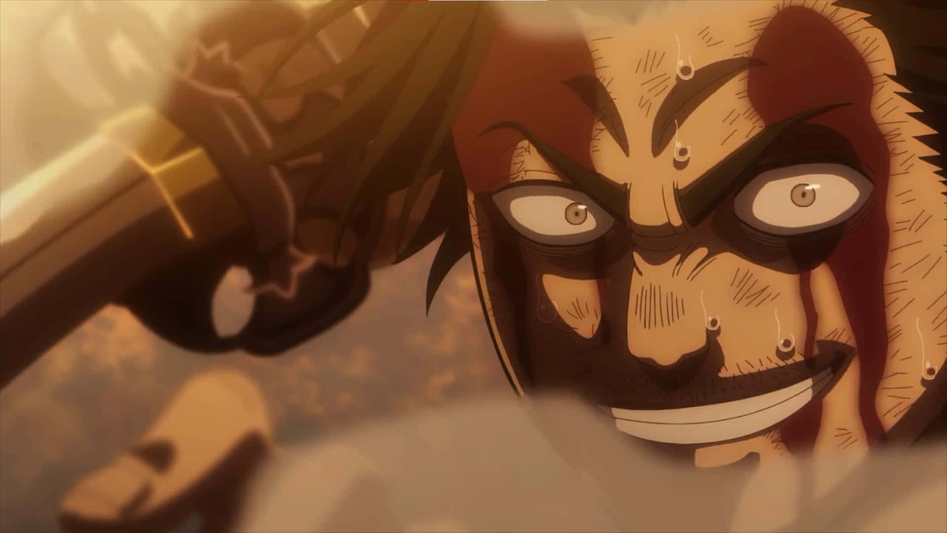 Black Clover Yami 桌布 壁紙 — 一位兇猛的動漫戰士，雙眼發光，汗珠滴落，在戲劇性的特寫中緊握著劍。