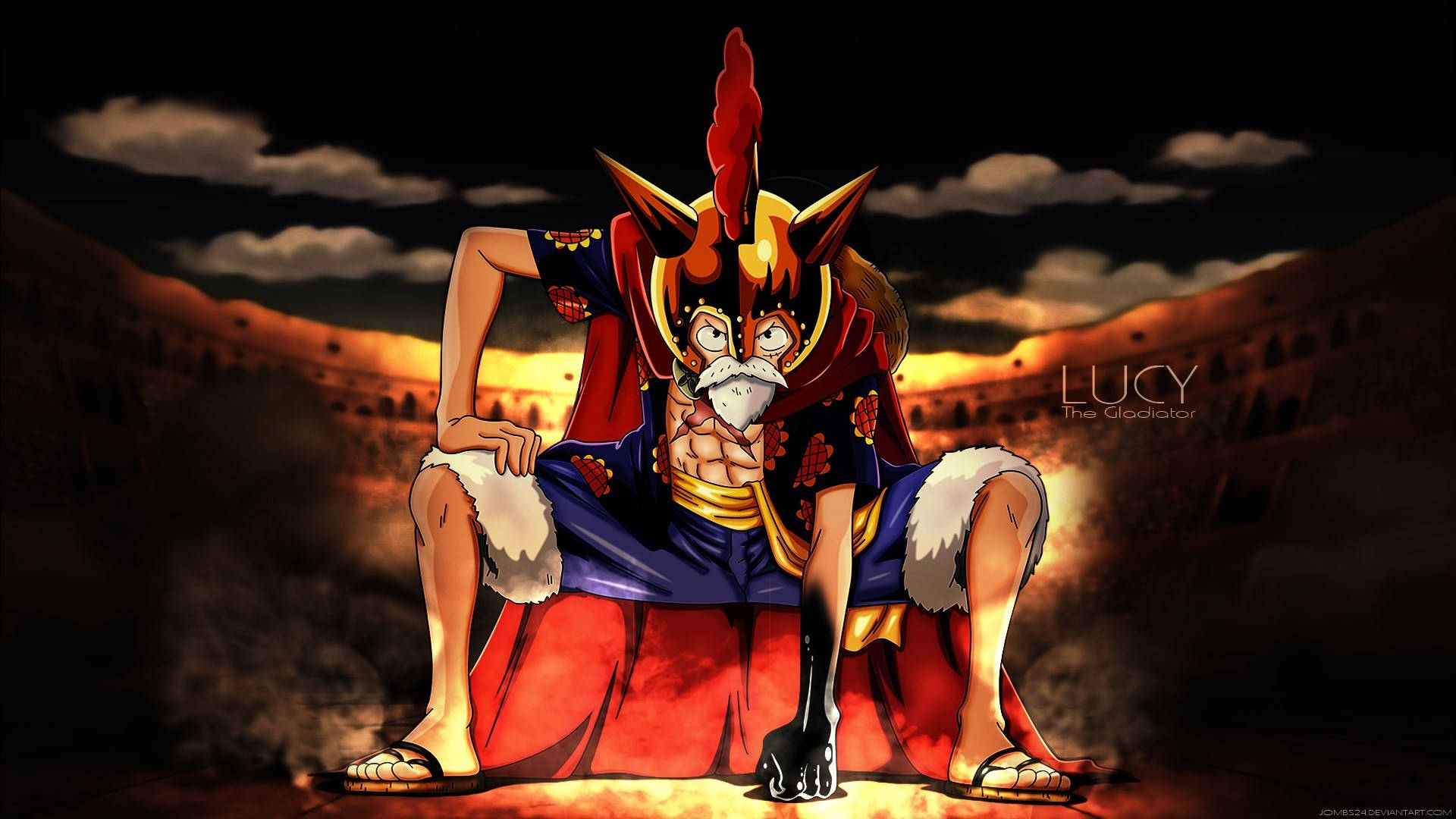 one piece art 桌布 壁紙 — 一位兇猛的動漫戰士，頭戴紅色羽飾，鬍鬚雪白，威嚴地坐在王座上，背景是熾熱的夕陽天空。