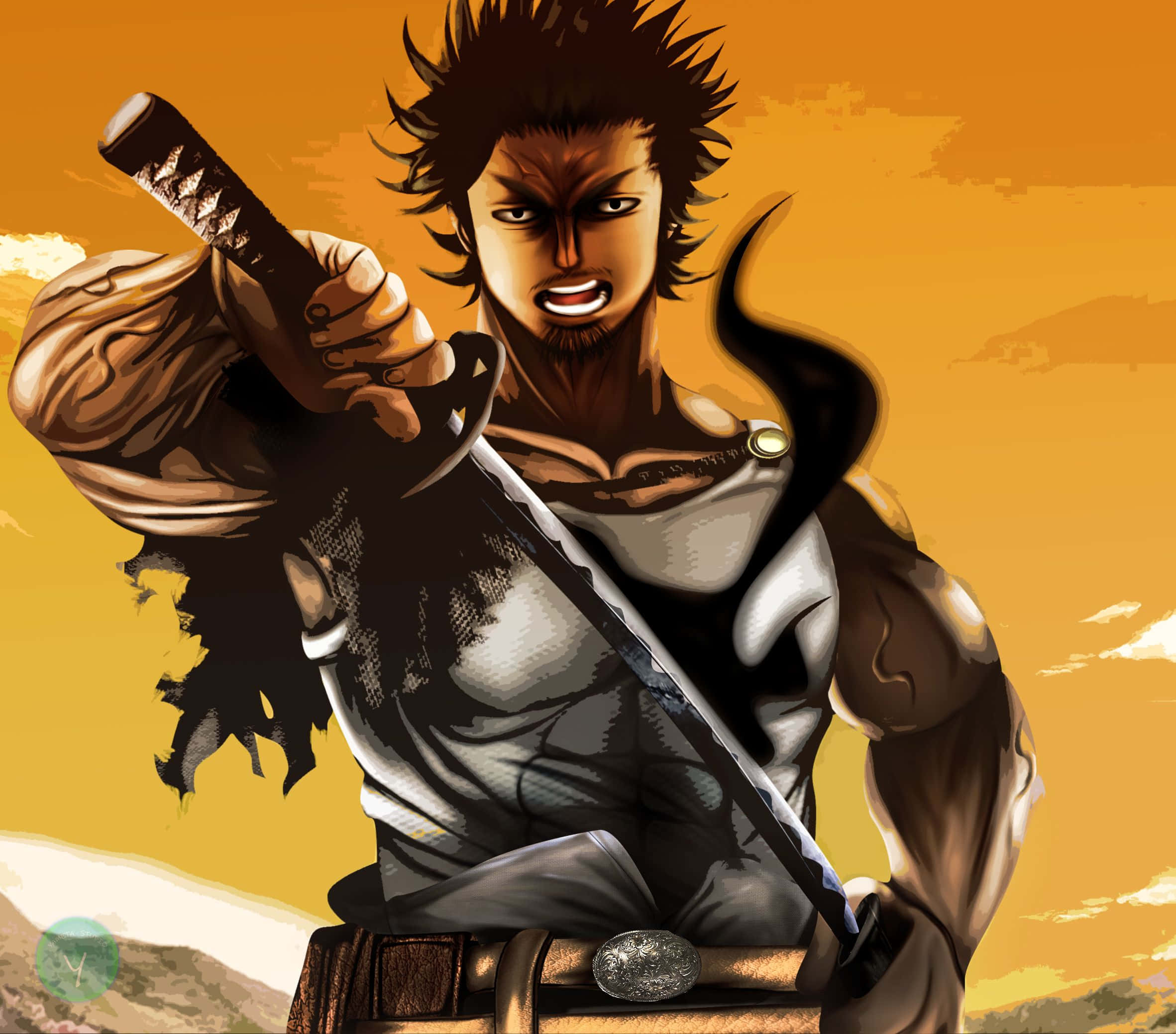 Black Clover Yami 桌布 壁紙 — 一位兇猛的動漫戰士，頭髮尖刺，在熾熱的橙色日落天空下握著劍。