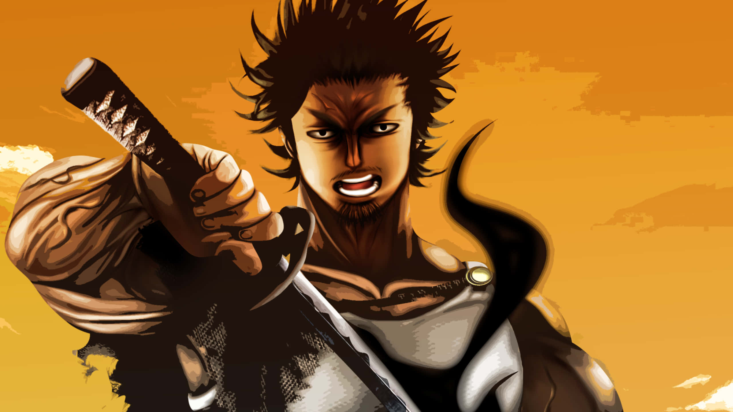 Black Clover Anime 桌布 壁紙 — 一位兇猛的動漫戰士，頭髮尖刺，在火紅的橙色天空下緊握著劍。