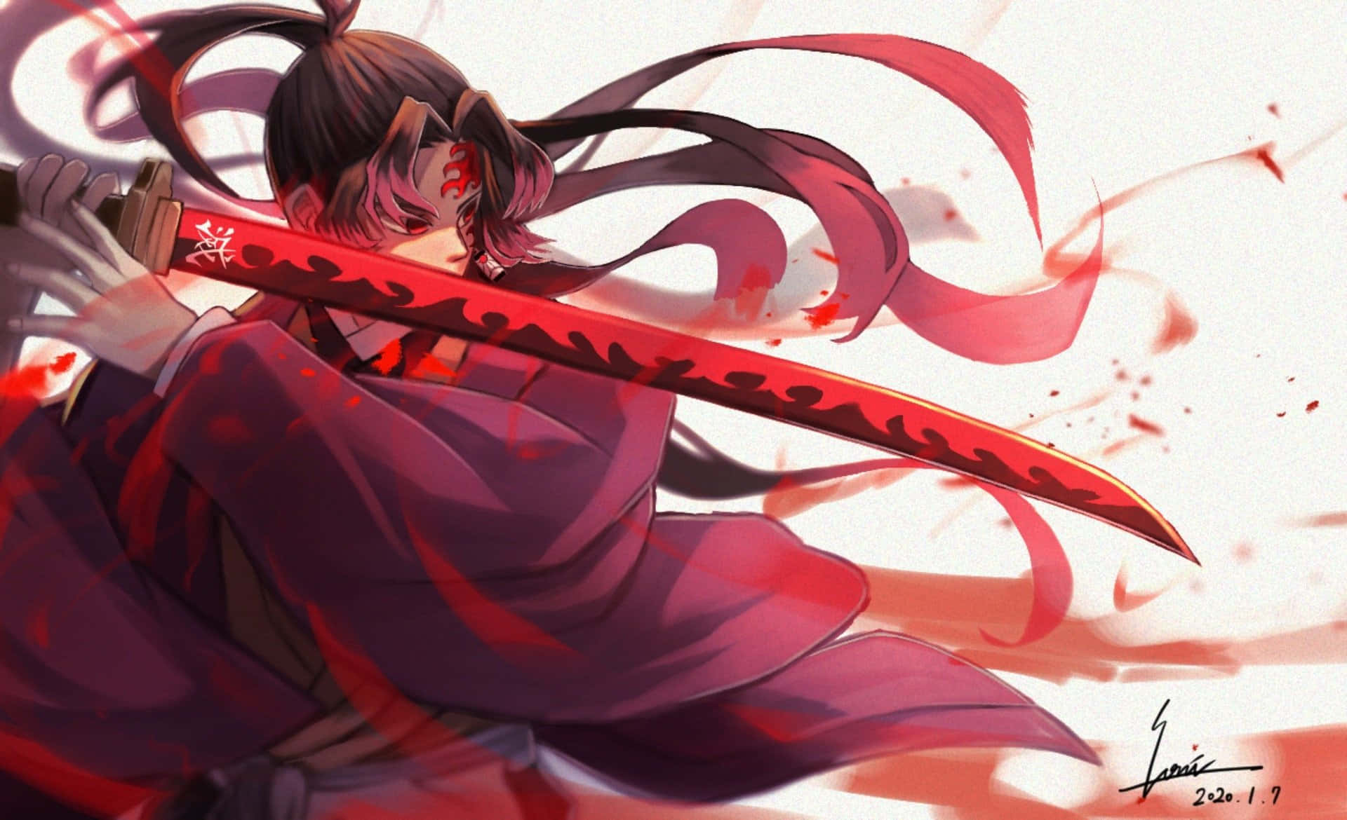 Yoriichi Tsugikuni 桌布 壁紙 — 一位兇猛的動漫戰士，黑髮紅眼，在純白背景前揮舞著沾血的武士刀。