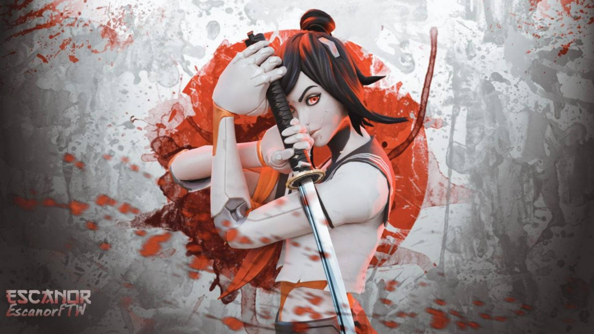 tsuki fortnite 桌布 壁紙 — 一位兇猛的動漫戰士，黑髮紅眼，手握武士刀，背景粗糙，濺滿紅色油漆。