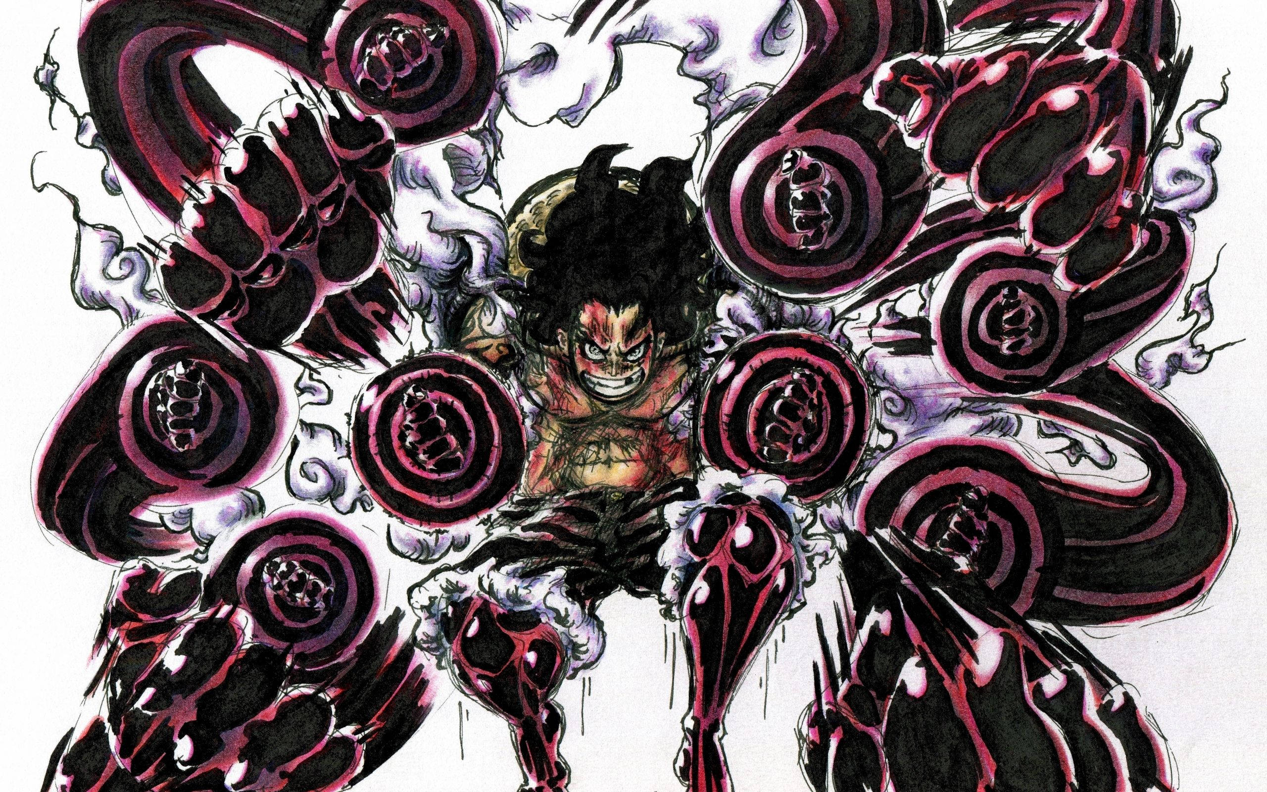 luffy gear 4 桌布 壁紙 — 一位兇猛的動漫戰士，黑髮紅紋，在動態戰鬥姿勢中釋放出旋轉的深紫色和黑色能量拳。