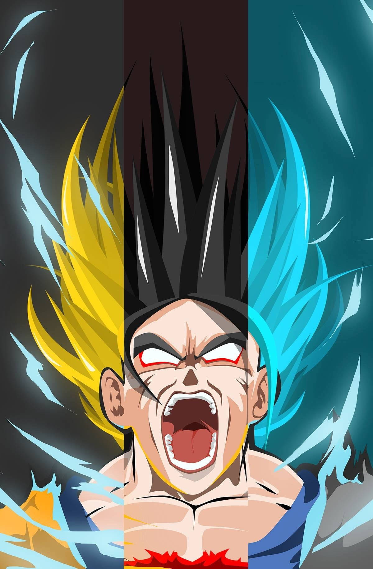 Ssj4 Goku 桌布 壁紙 — 一位兇猛的動漫戰士咆哮著，擁有黃色、黑色和藍色三種顏色的頭髮變體，背景是動態的能量條紋。