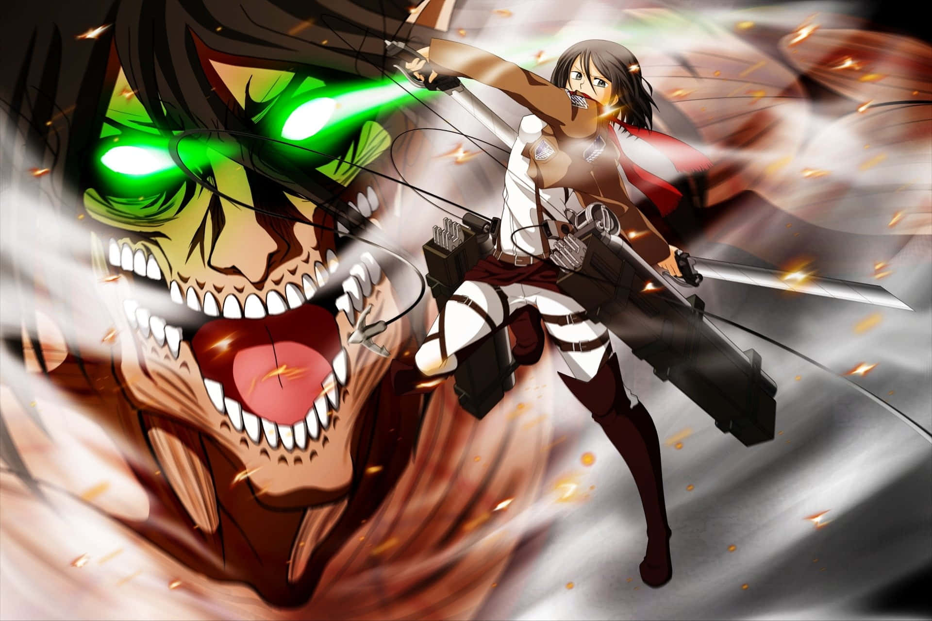 Attack On Titan Season 1 桌布 壁紙 — 一位兇猛的動漫戰士在充滿火花和動態模糊的激烈戰鬥中，斬向一隻發光的巨人。