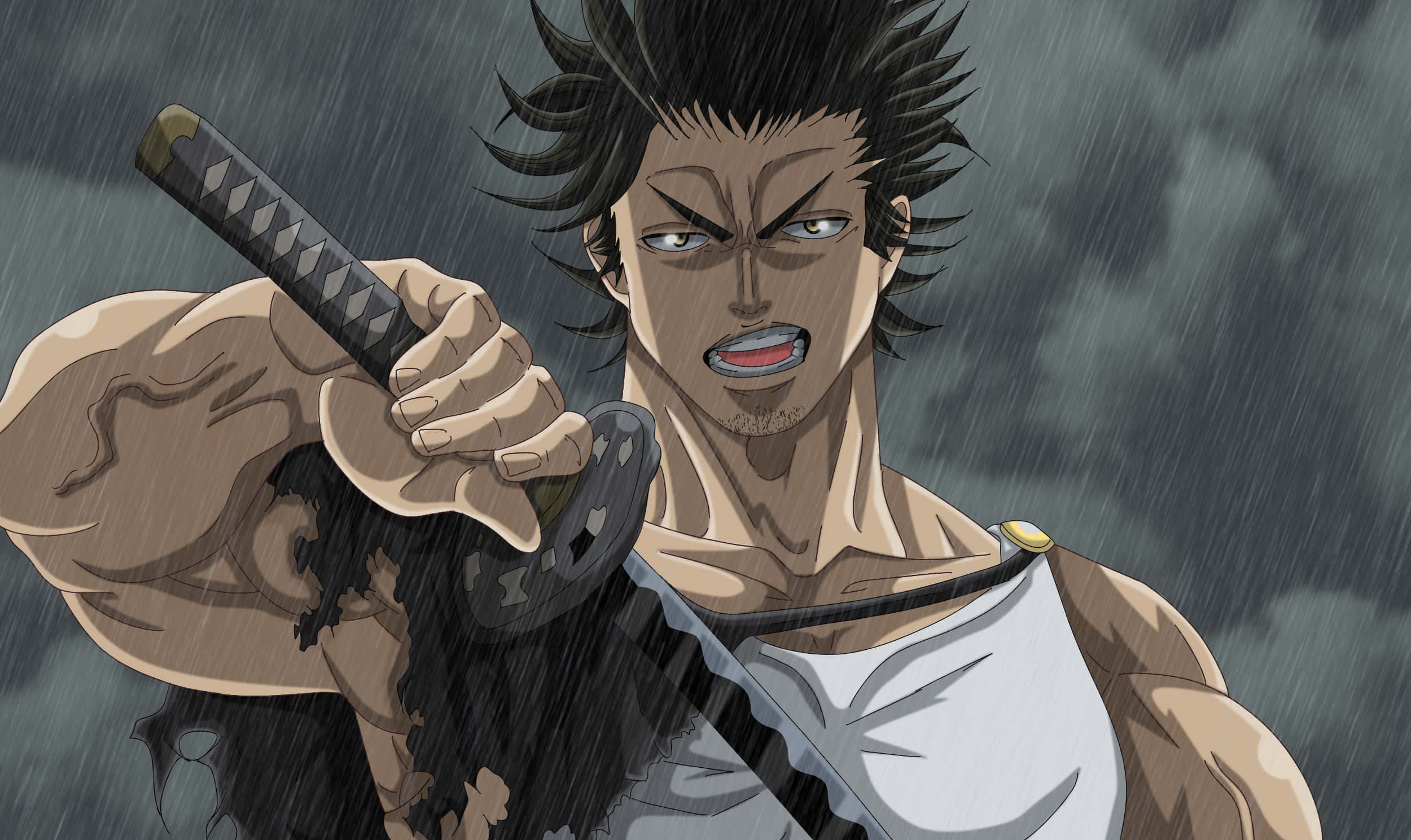 Black Clover Yami 桌布 壁紙 — 一位兇猛的動漫戰士在暴風雨的天空下，於傾盆大雨中緊握武士刀，雨水劃過他堅定的臉龐。