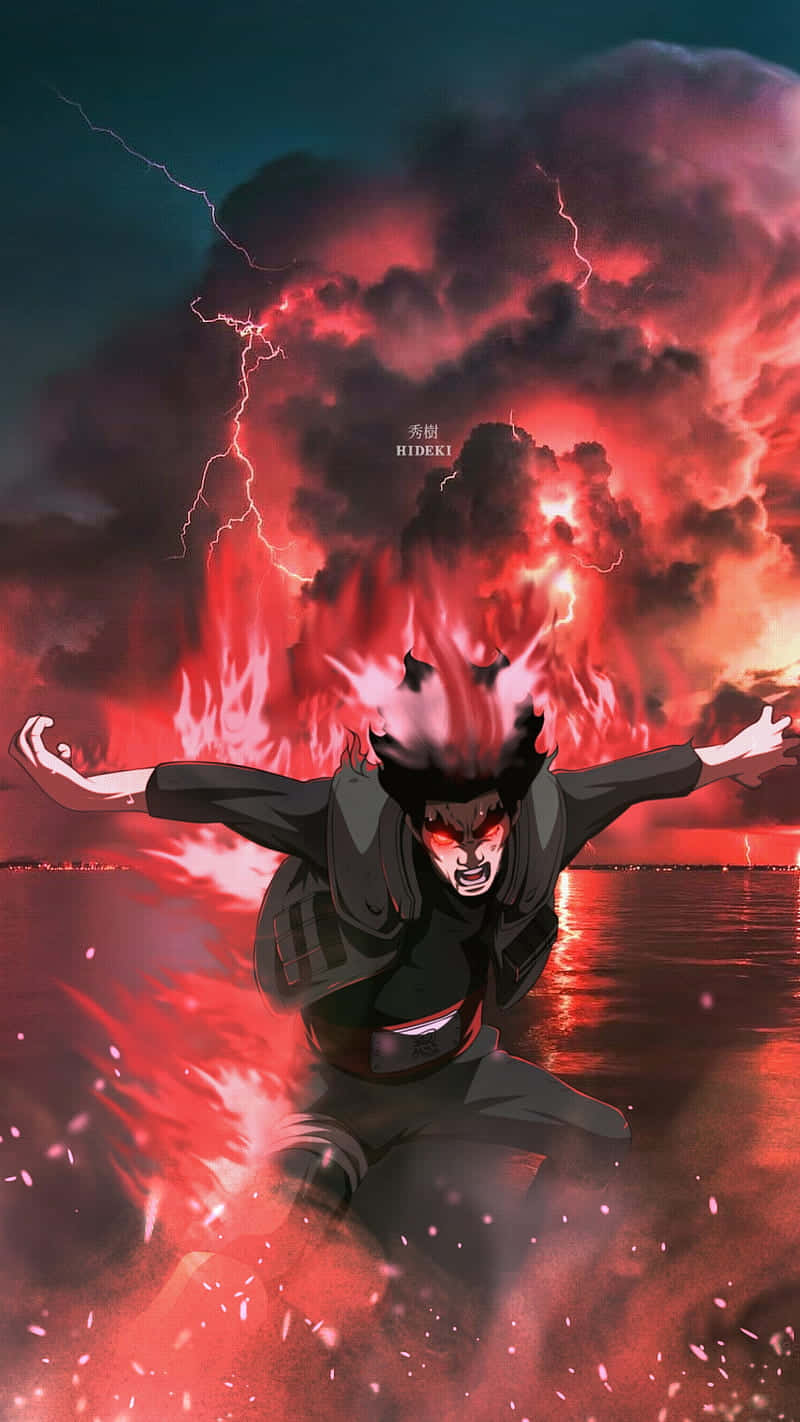 Might Guy 桌布 壁紙 — 一位兇猛的動漫戰士在雷電交加的暴風雨天空下釋放出紅色查克拉爆炸。