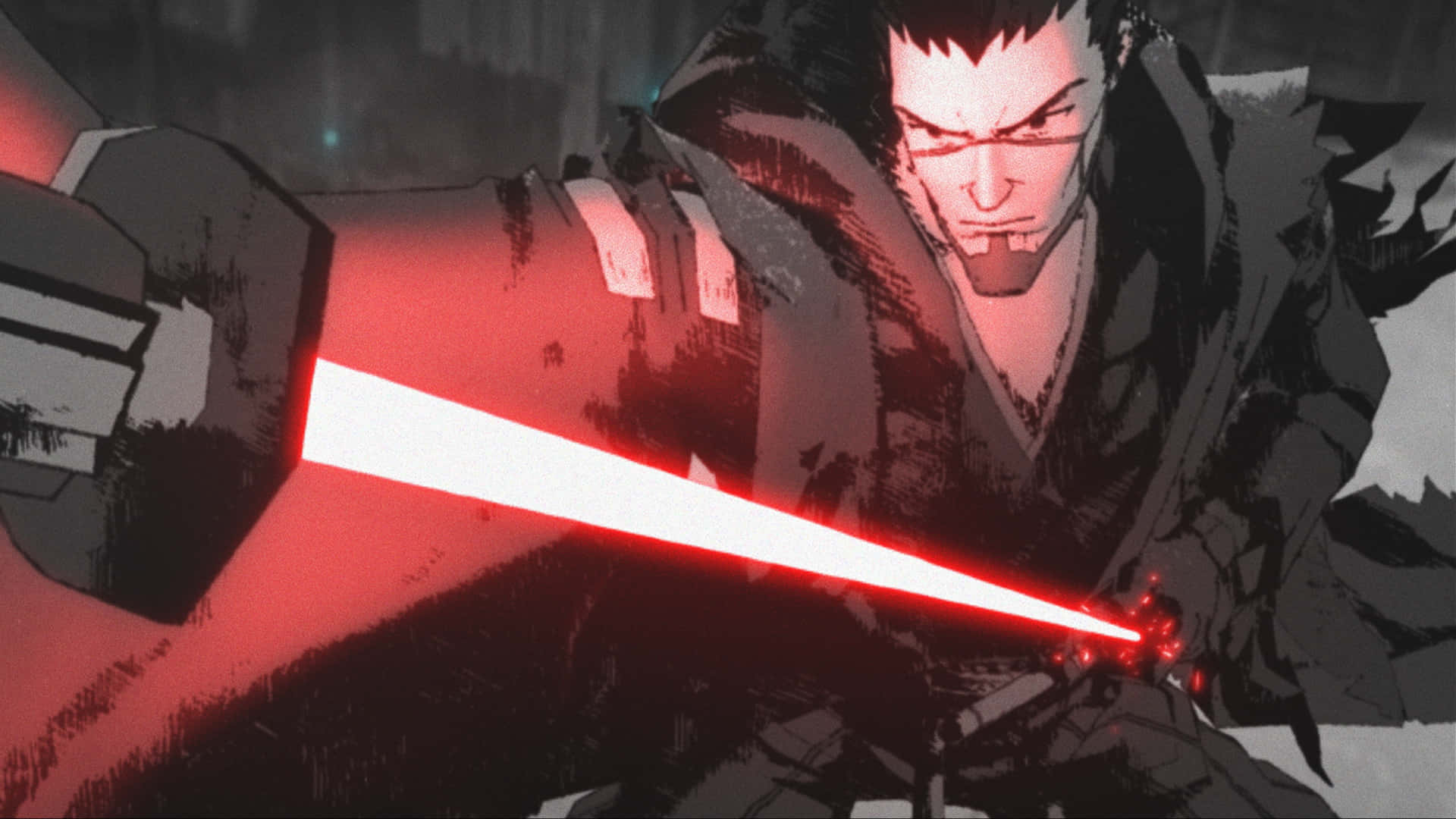 swordsman 桌布 壁紙 — 一位兇猛的動漫戰士在黑暗 gritty 的城市環境中揮舞著發光的紅色光劍。