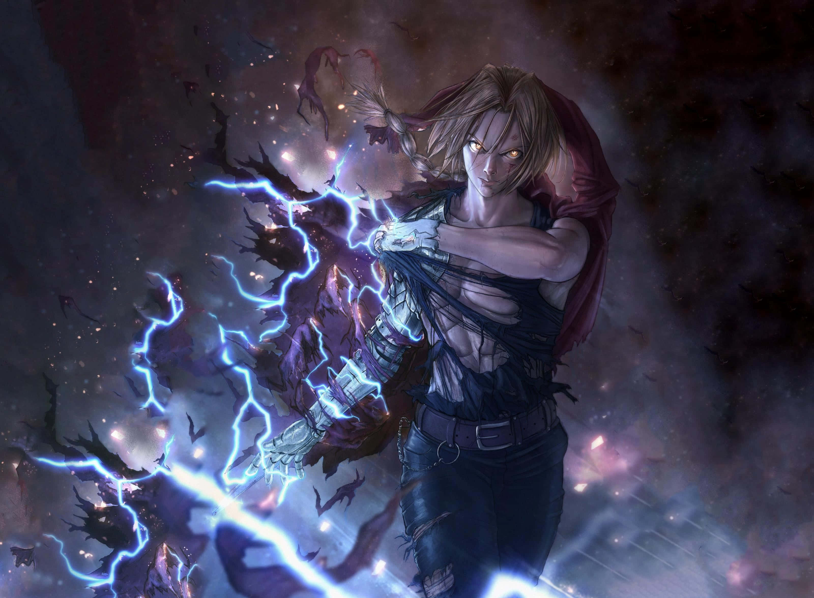 edward elric 桌布 壁紙 — 一位兇猛的動漫戰士在黑暗的宇宙背景下，從他戴著護手的手上釋放出噼啪作響的藍色閃電。