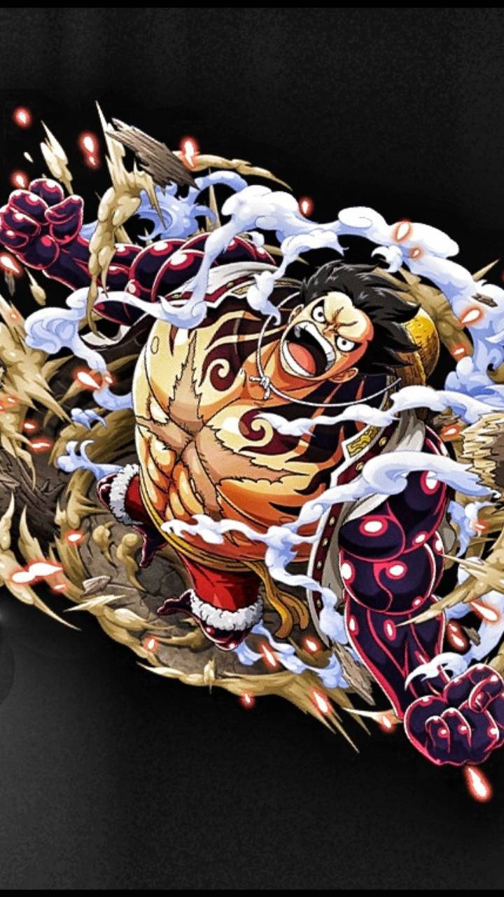 luffy gear 4 桌布 壁紙 — 一位兇猛的動漫戰士在黑色背景下咆哮，拳頭發光，周圍環繞著旋轉的能量和煙霧。
