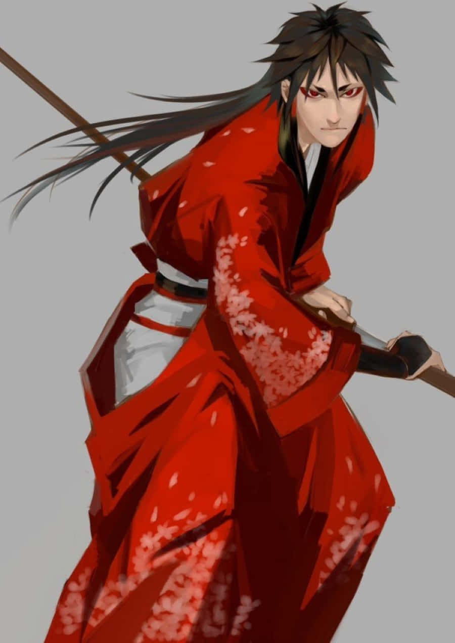 Indra ōtsutsuki 桌布 壁紙 — 一位兇猛的動漫戰士身穿帶有櫻花圖案的紅色和服，在純灰色背景上握著劍。