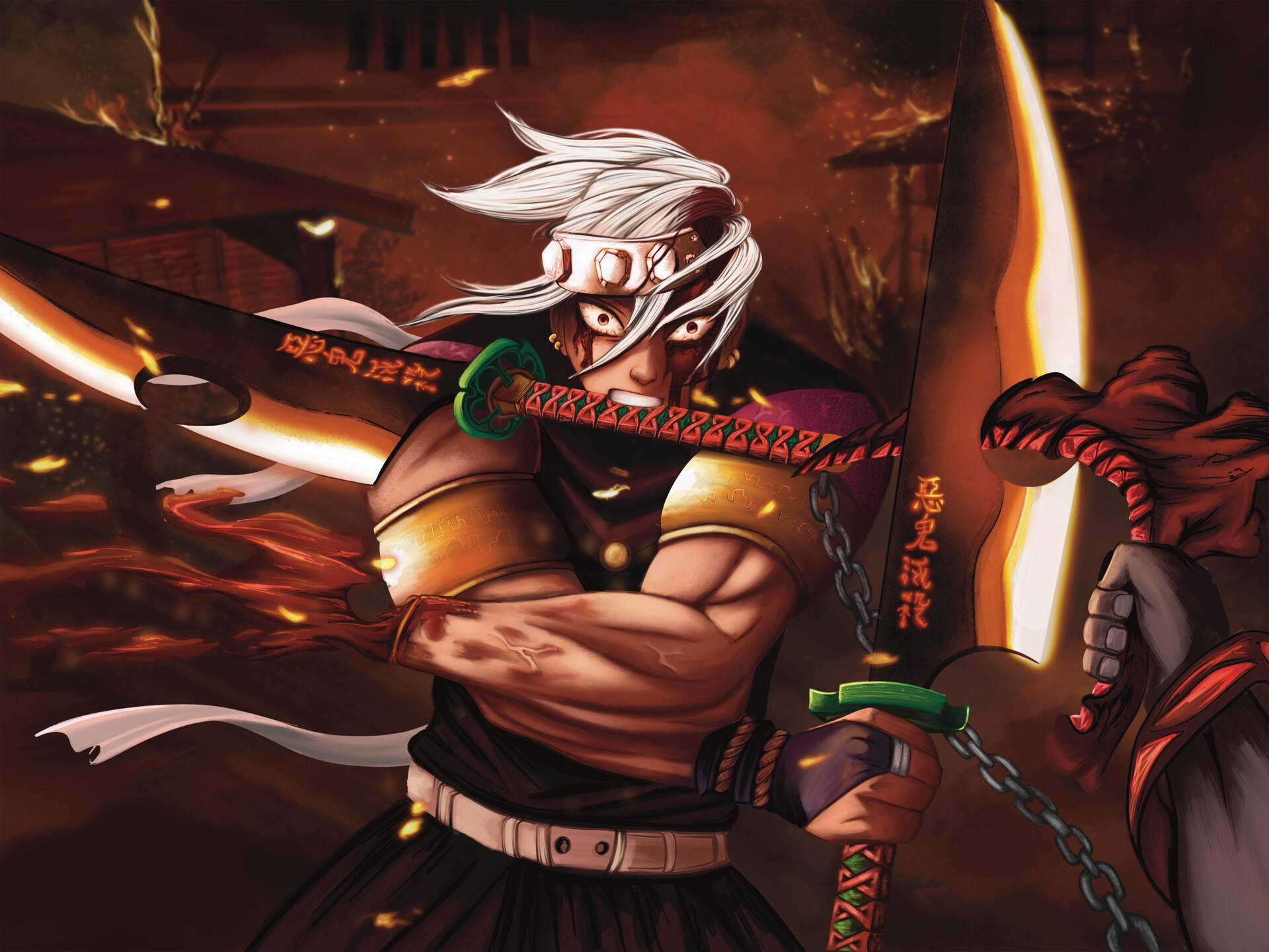 Tengen 桌布 壁紙 — 一位兇猛的動漫武士，白髮閃爍的眼睛，在熾熱的戰場上揮舞著火焰劍。