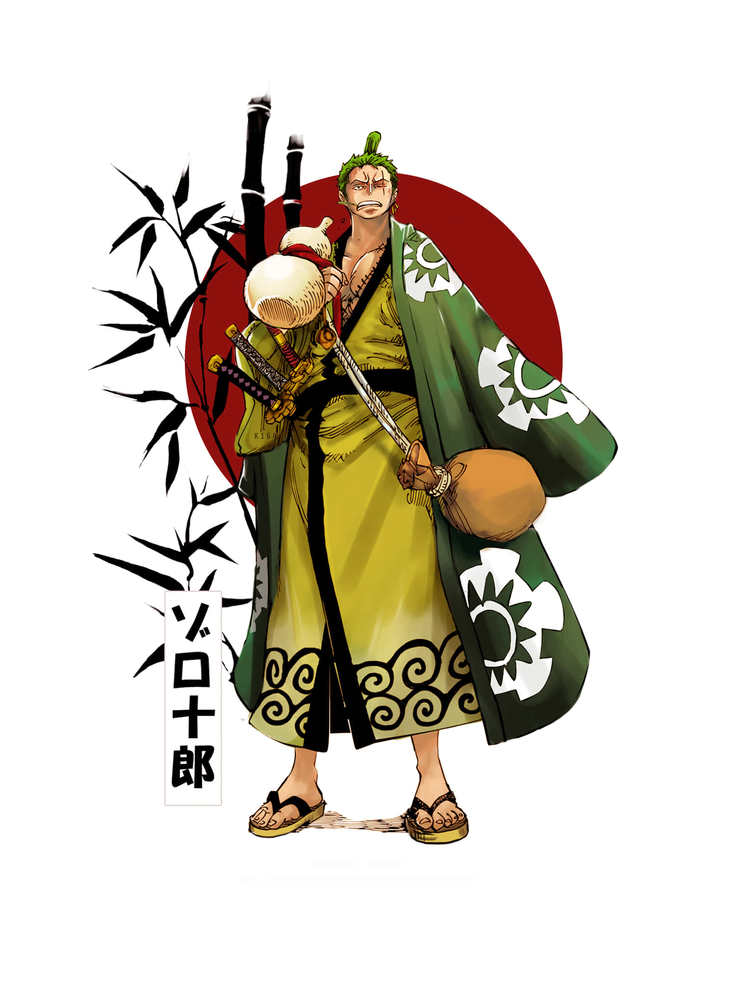 海賊王 桌布 壁紙 — 一位兇猛的動漫武士戰士，綠色頭髮和綠色長袍，手持劍，背景是紅太陽和竹子。