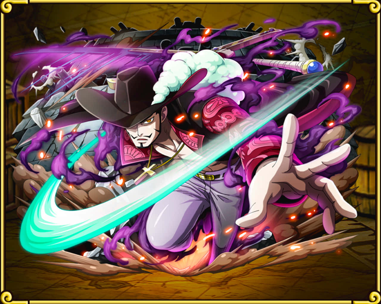 Dracule Mihawk 桌布 壁紙 — 一位兇猛的動漫海盜，紫色頭髮，在木船內部揮舞著發光的劍，周圍環繞著旋轉的能量和碎片。