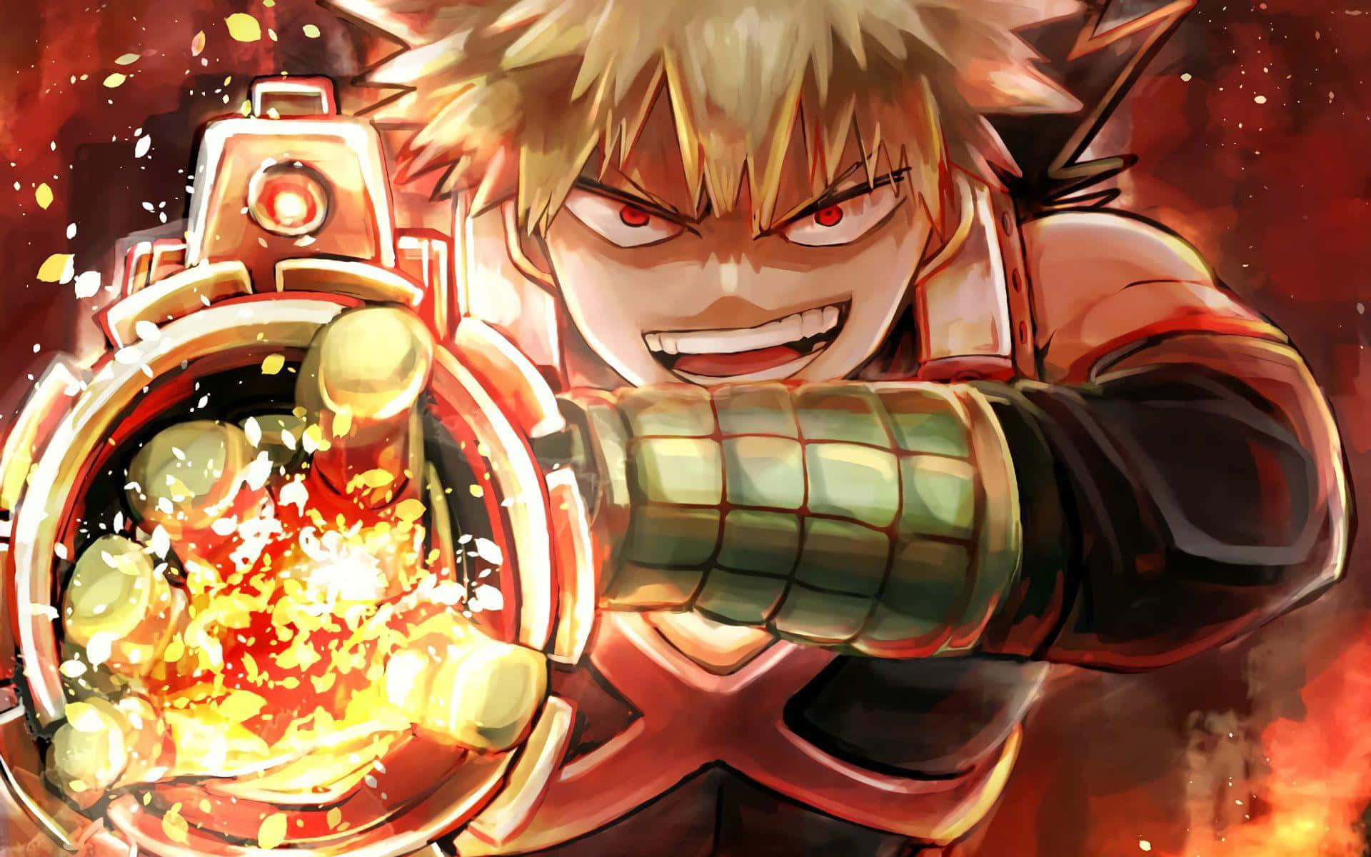 Bakugou Aesthetic 桌布 壁紙 — 一位兇猛的動漫英雄，有著尖刺的金色頭髮，在火紅的背景下發射發光的爆炸性武器。