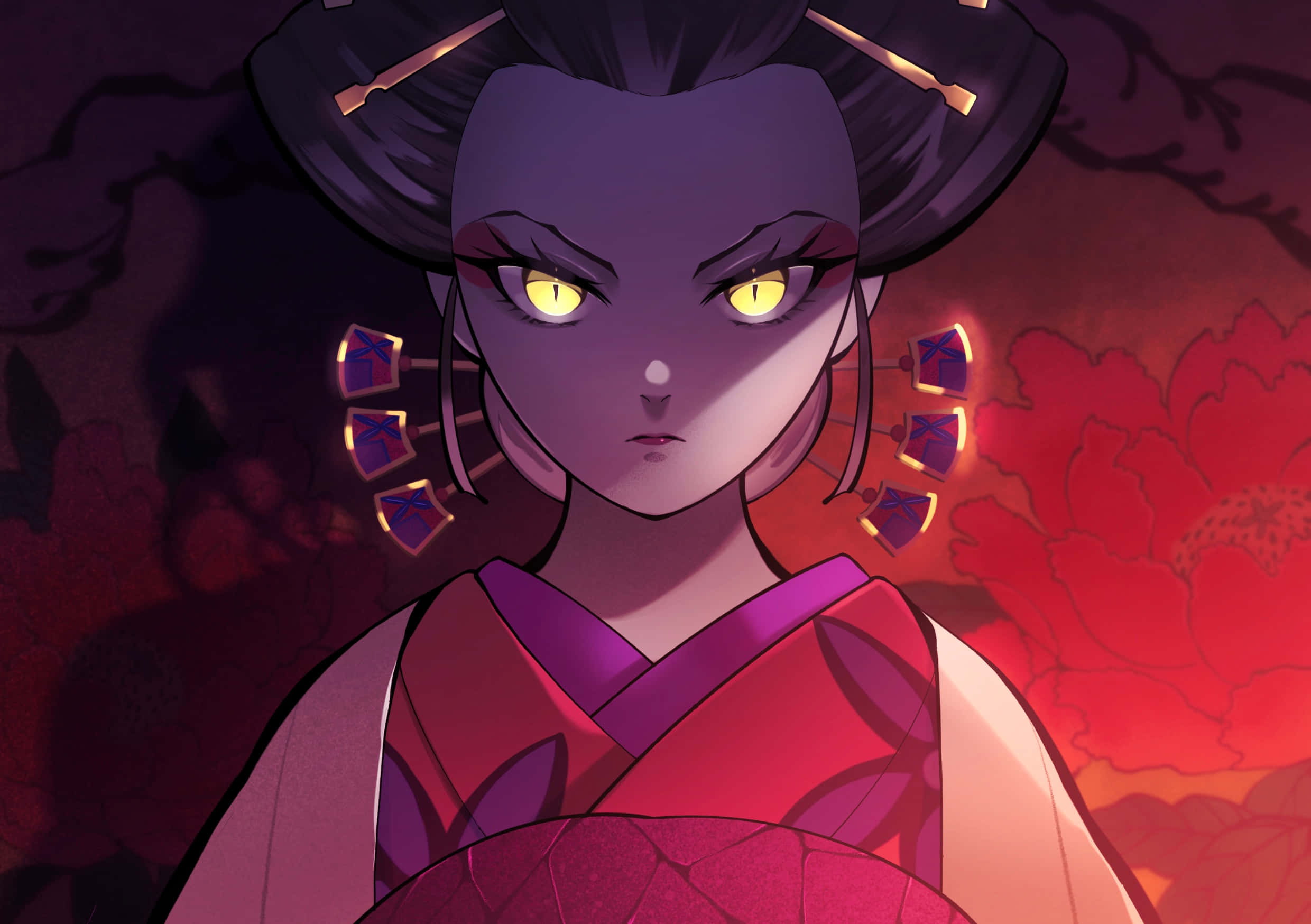 Daki Demon Slayer 桌布 壁紙 — 一位兇猛的動漫藝妓，擁有發光的黃色眼睛和華麗的紫色髮夾，在火紅的花卉背景下強烈凝視。