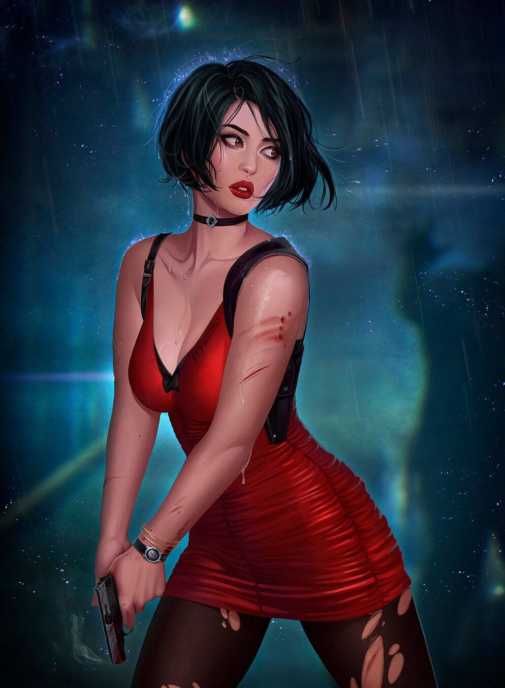 Resident Evil Art 桌布 壁紙 — 一位兇猛的動漫風格女子，身穿紅色連衣裙，在閃爍的藍色雨中手持槍支，背景是星空。