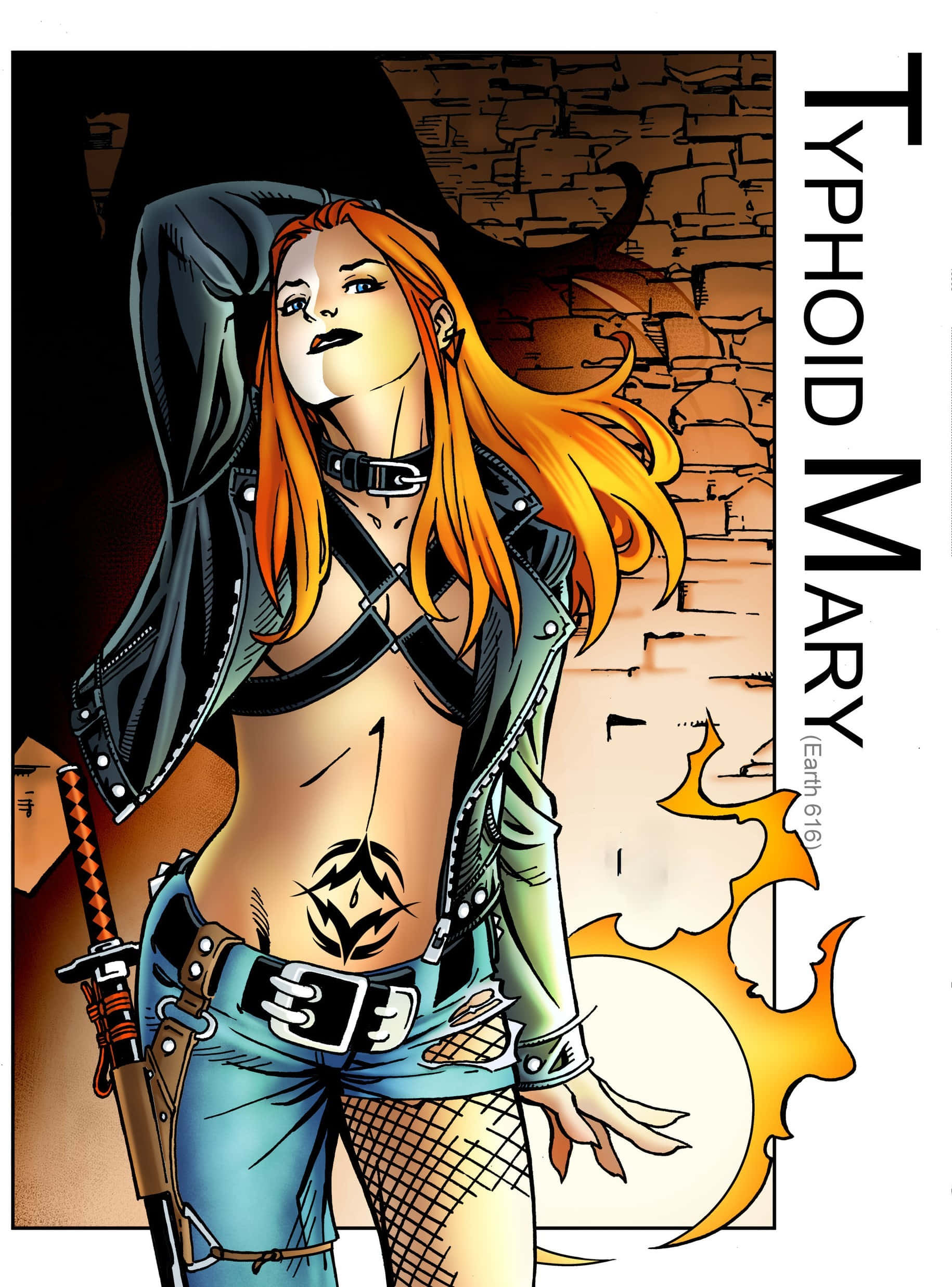 Typhoid Mary 桌布 壁紙 — 一位兇猛的動漫風格女性，橙色頭髮，腹部有刺青，靠著磚牆手持劍。