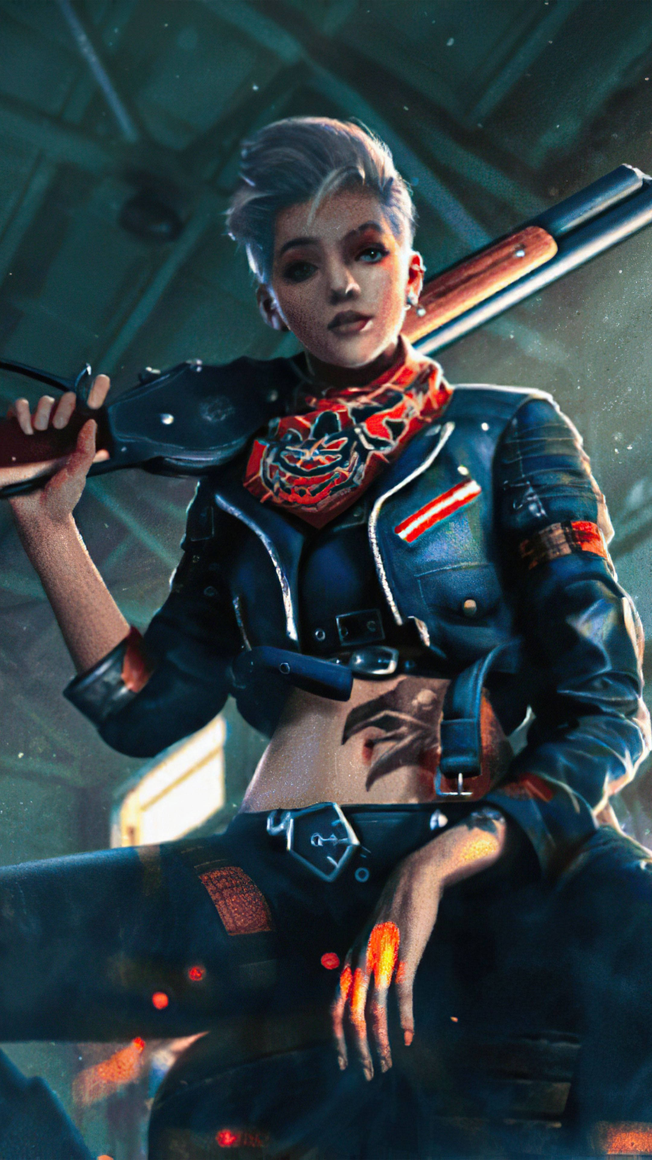 free fire 4K 桌布 壁紙 — 一位兇猛的動漫風格女戰士，短灰髮和紅色頭巾，在昏暗的工業環境中手持霰彈槍。