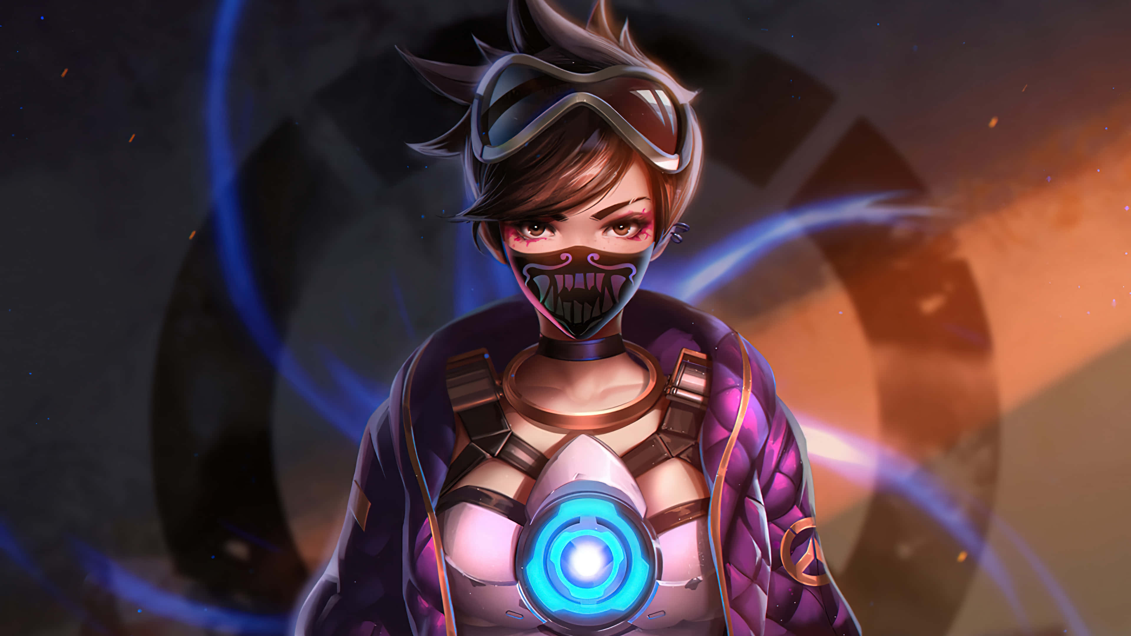 Overwatch Heroes 桌布 壁紙 — 一位兇猛的動漫風格女戰士，胸前有發光的藍色徽章和護目鏡，在旋轉的宇宙背景下凝視著。