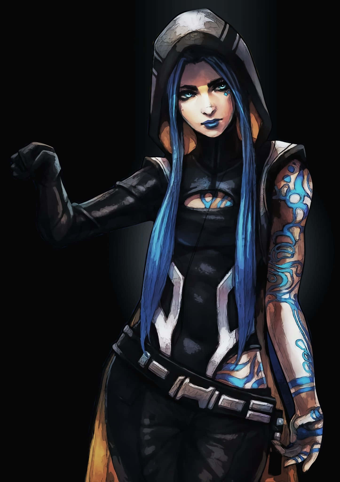 Borderlands 3 桌布 壁紙 — 一位兇猛的動漫風格女戰士，藍色頭髮，發光的紋身，穿著深色連帽服裝，握緊拳頭站立。