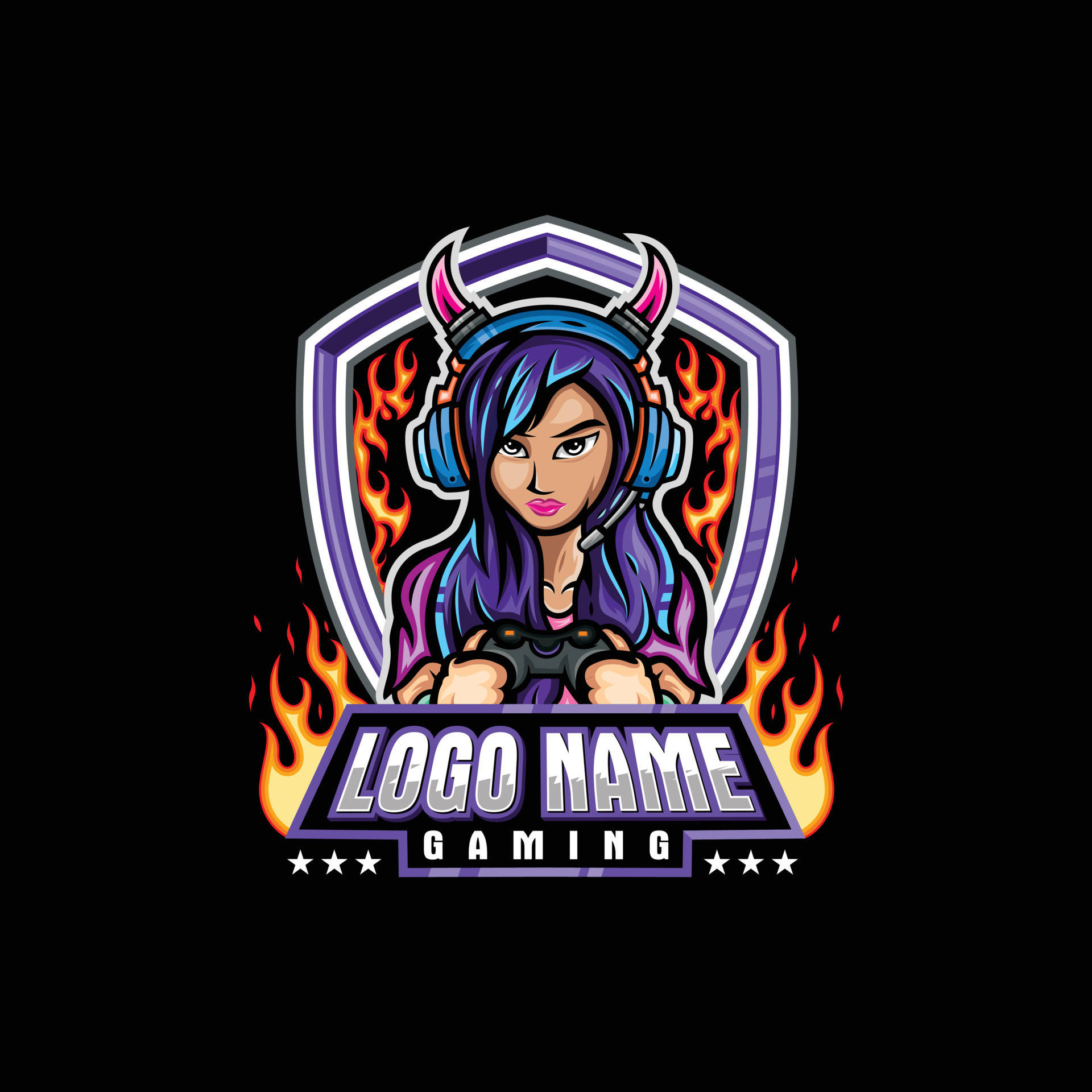 Gamer Logo 桌布 壁紙 — 一位兇猛的動漫風格女玩家，紫色頭髮和角，在火焰盾牌標誌後面握著控制器。