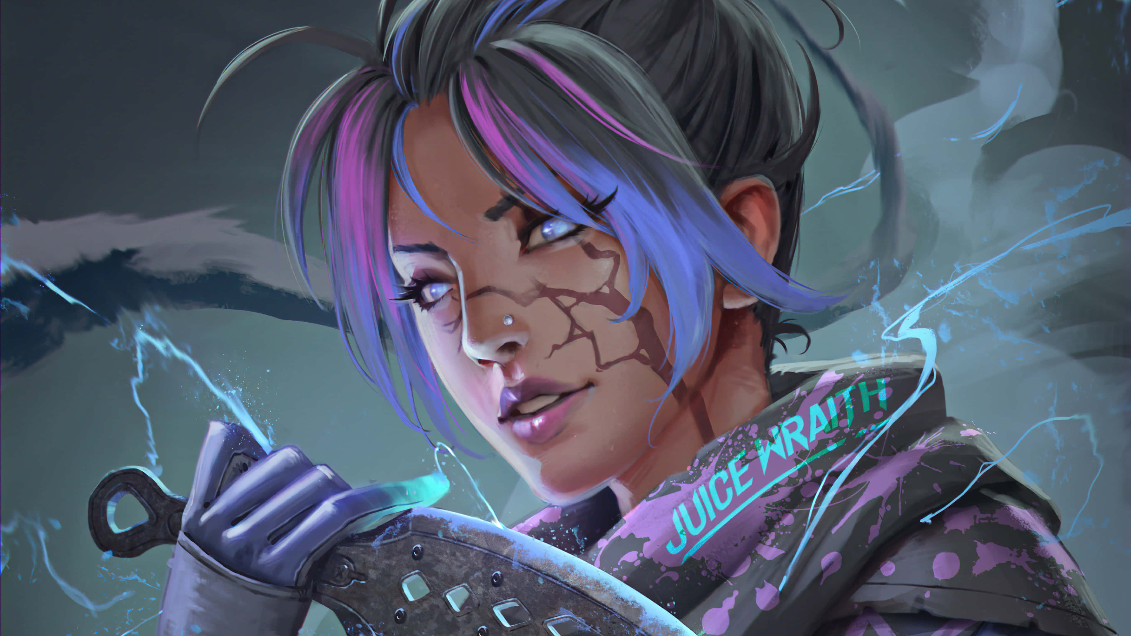 Apex Legends Characters 桌布 壁紙 — 一位兇猛的動漫風格戰士，擁有紫色和藍色的頭髮，在劈啪作響的電能中揮舞著發光的武器。