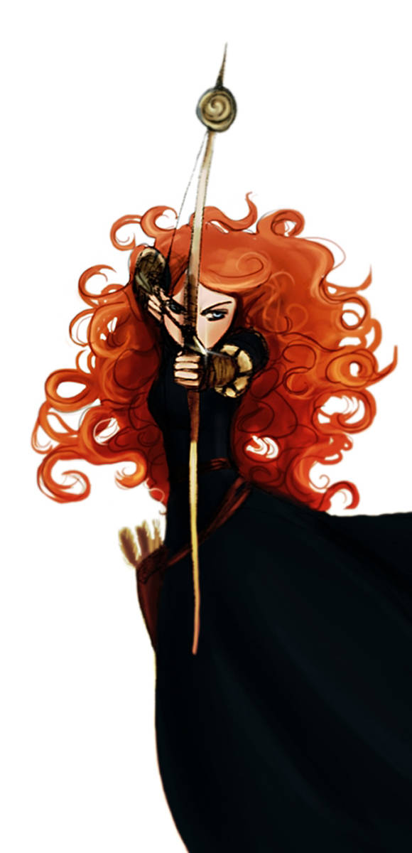 Disney Brave 桌布 壁紙 — 一位兇猛的動畫女主角，有著火紅的捲髮，在純白背景下全神貫注地拉弓。