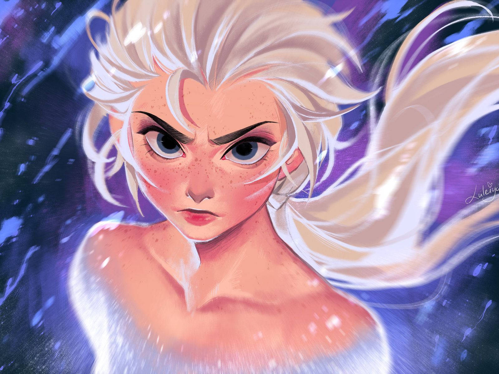 冰雪奇緣2 桌布 壁紙 — 一位兇猛的動畫女王，擁有狂野的金色頭髮和冰冷的藍色眼睛，在旋轉的紫色和藍色魔法背景下強烈凝視。