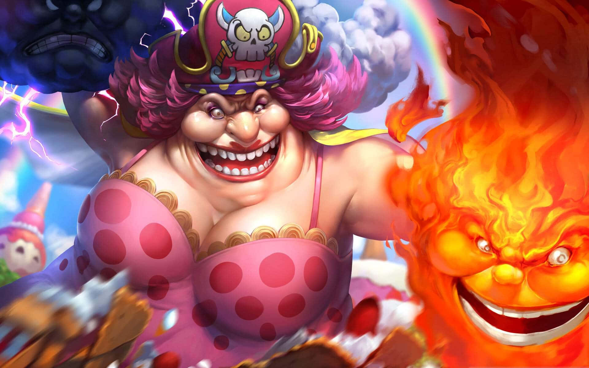 Big Mom 桌布 壁紙 — 一位兇猛的動畫海盜女人，粉紅色頭髮，穿著波點上衣，在熾熱和風暴元素精靈圍繞下大笑。