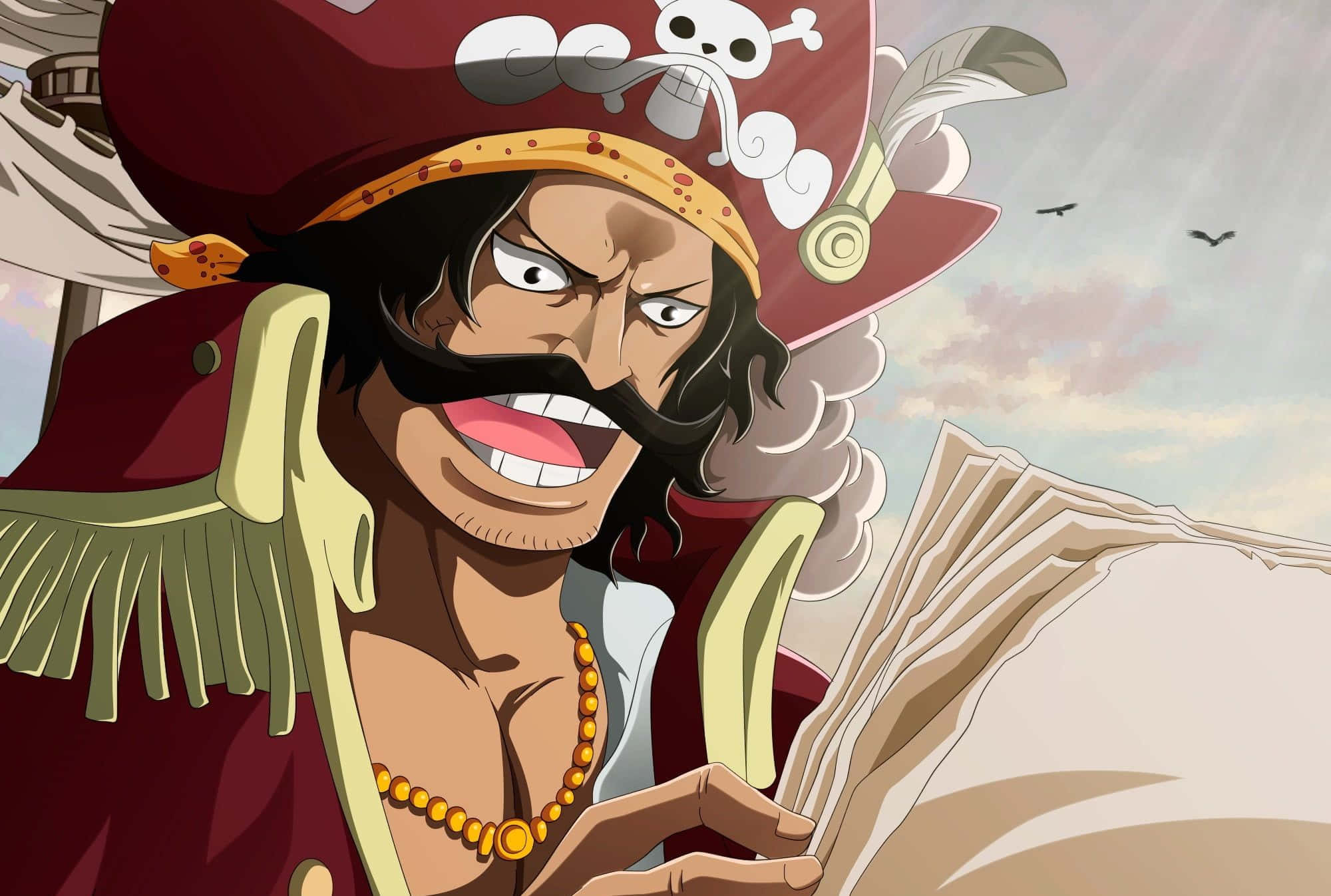 King Of The Pirates 桌布 壁紙 — 一位兇猛的動畫海盜船長，戴著骷髏帽和鬍鬚，在陰天中拿著地圖咧嘴笑。