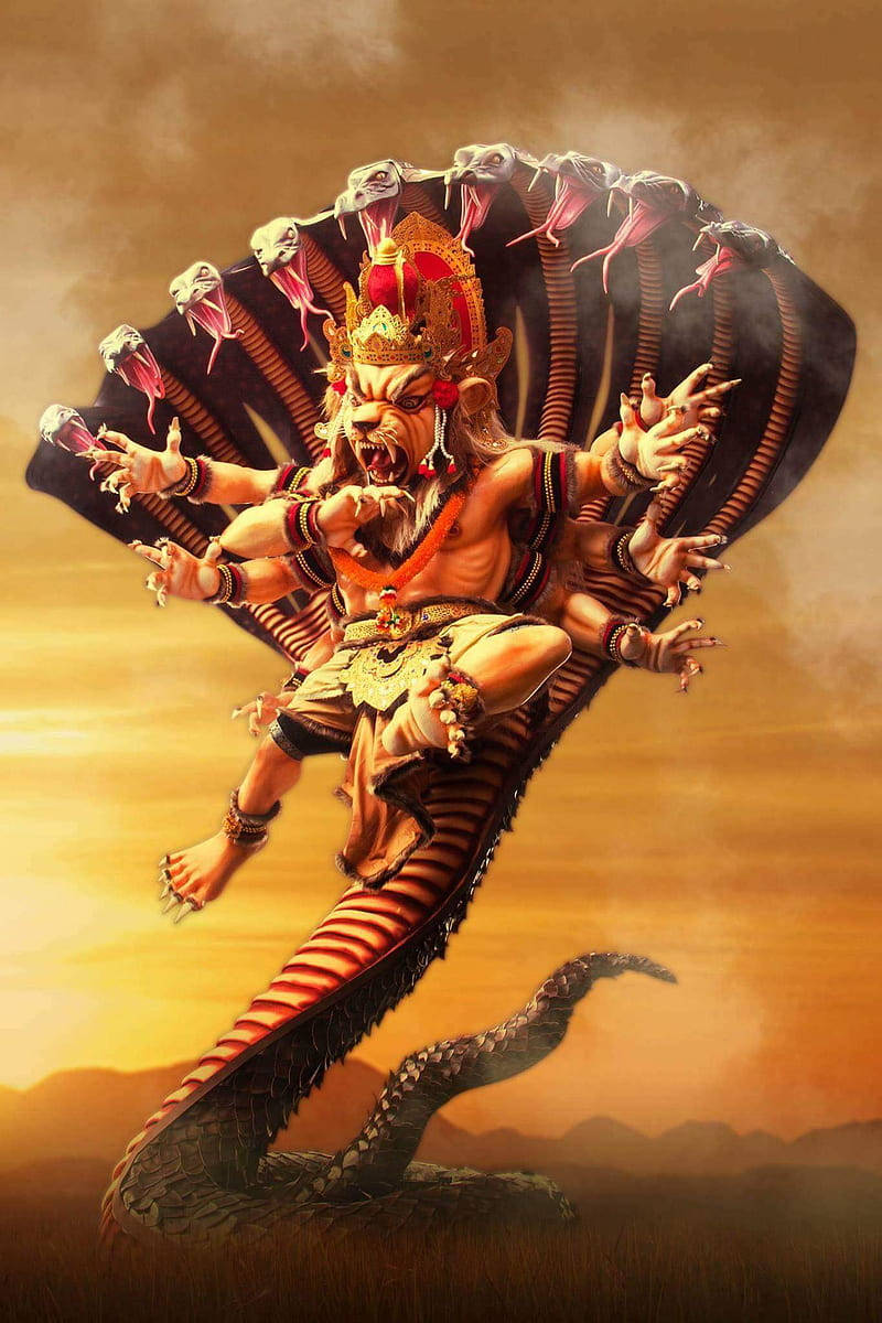 Vishnu 桌布 壁紙 — 一位兇猛的多臂印度教神祇，獅頭，騎著一條巨大的多頭眼鏡蛇，背景是金色的夕陽天空。