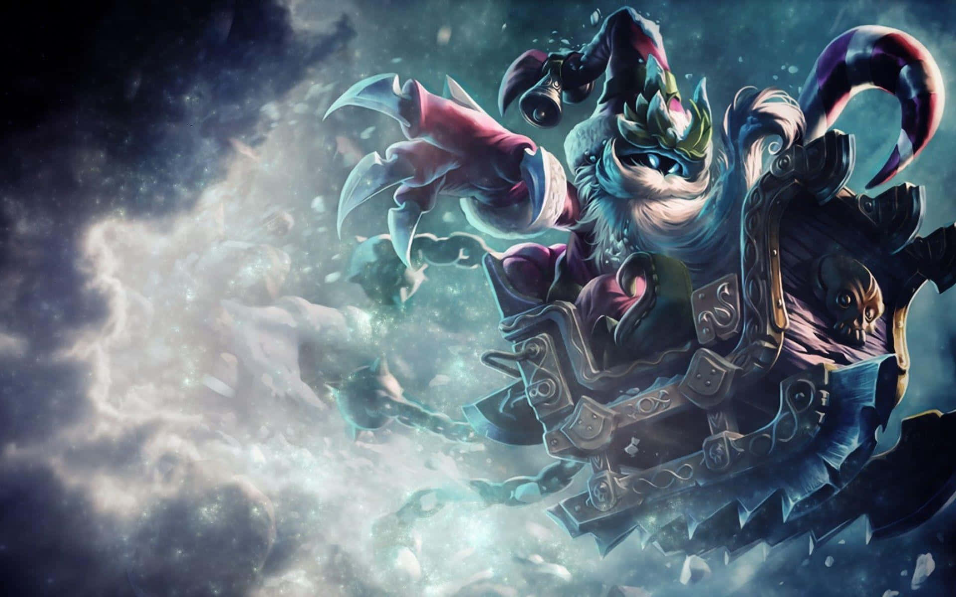 Best League Of Legends 桌布 壁紙 — 一位兇猛的奇幻戰士，擁有發光的眼睛和華麗的盔甲，在戲劇性的數位戰鬥場景中衝過旋轉的宇宙雲層。