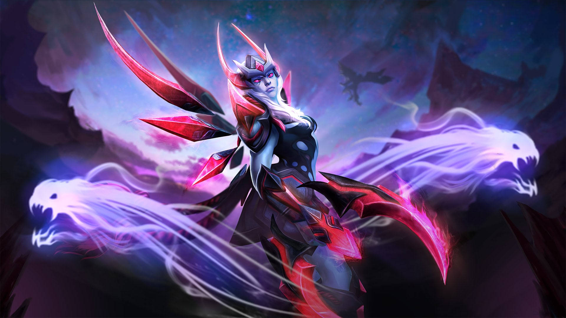 Dota 2 桌布 壁紙 — 一位兇猛的奇幻戰士，擁有發光的紅色翅膀和幽靈般的狼群，劃過黑暗的宇宙風暴。